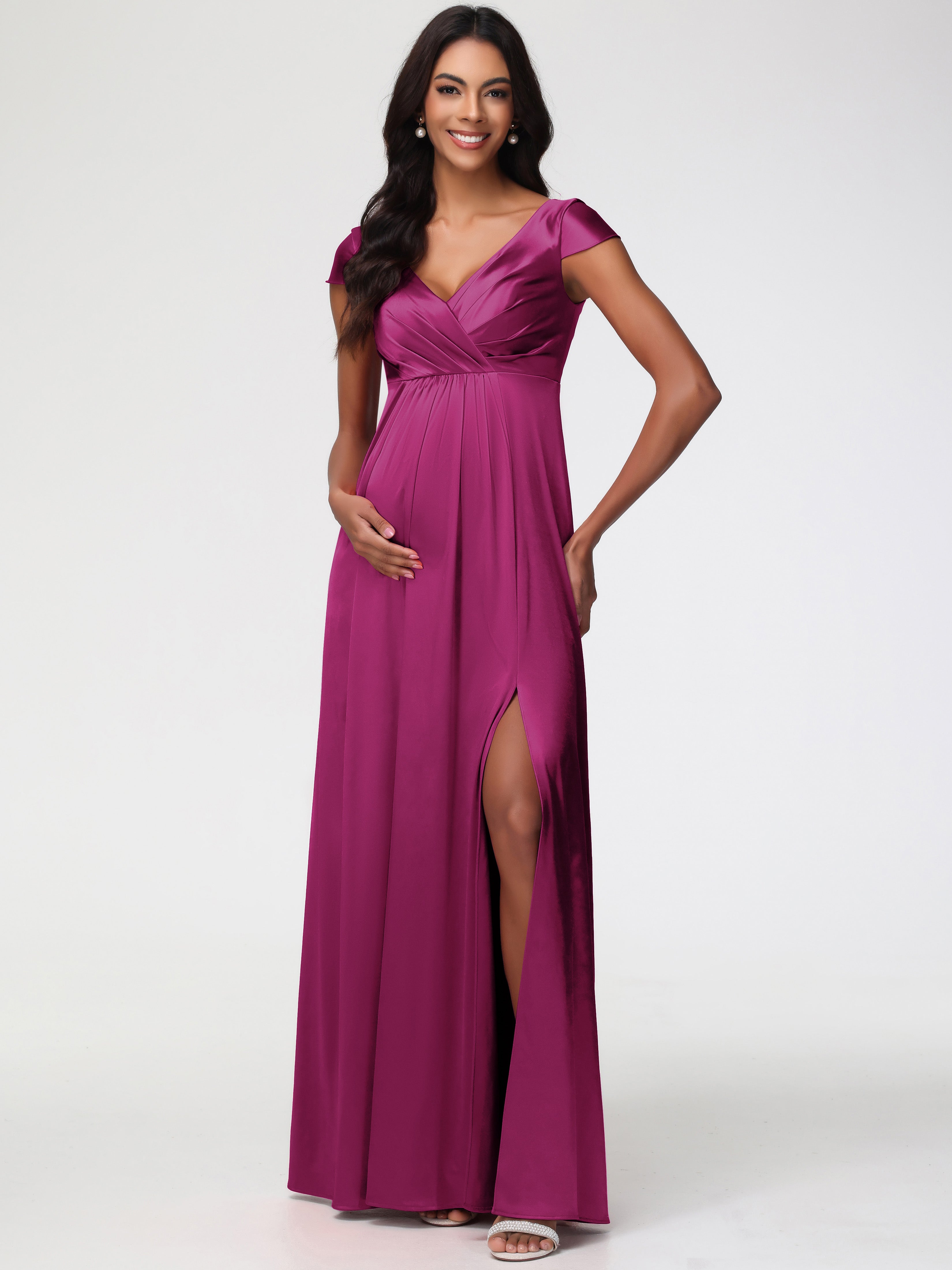 Fuchsia Formal Dresses V-Neck Minimalist Cap Sleeves A Line Stretch Satin Formal Dress Fuchsia Formal Dresses V-Neck Minimalist Cap Sleeves A Line Stretch Satin Formal Dress