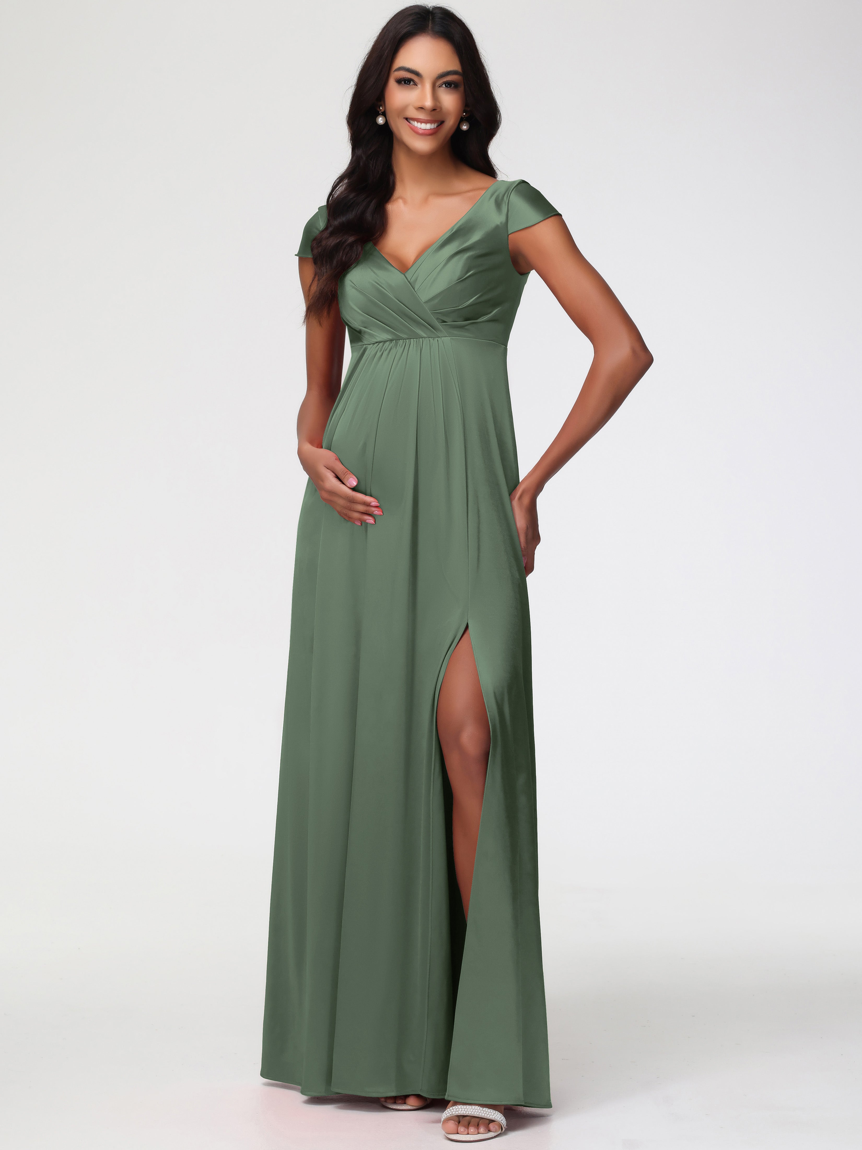 Prom Dresses In Olive Green V-Neck Minimalist Cap Sleeves A Line Stret