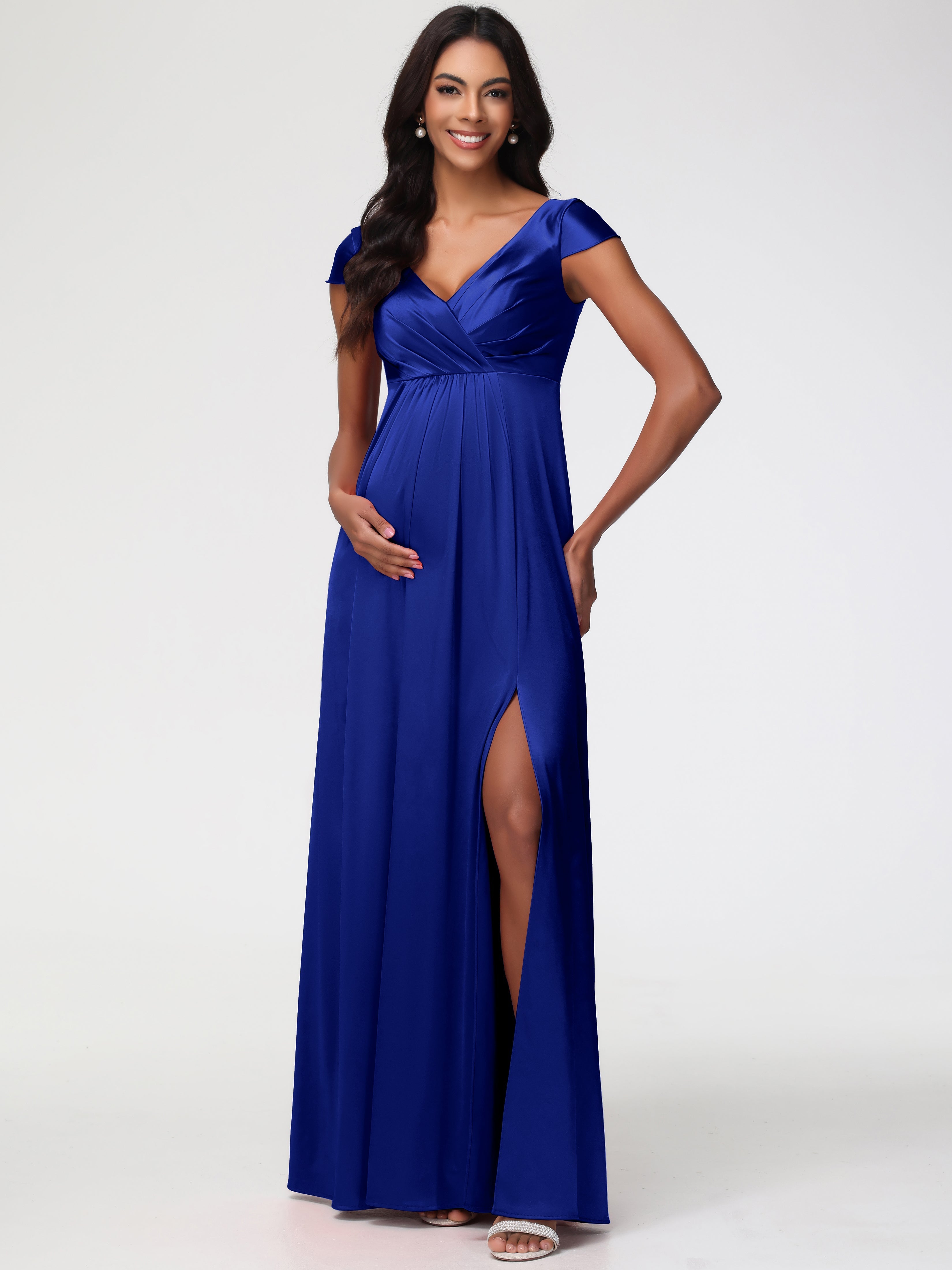 Royal Blue Prom Dresses Long V-Neck Minimalist Cap Sleeves A Line Stre Royal Blue Prom Dresses Long V-Neck Minimalist Cap Sleeves A Line Stre