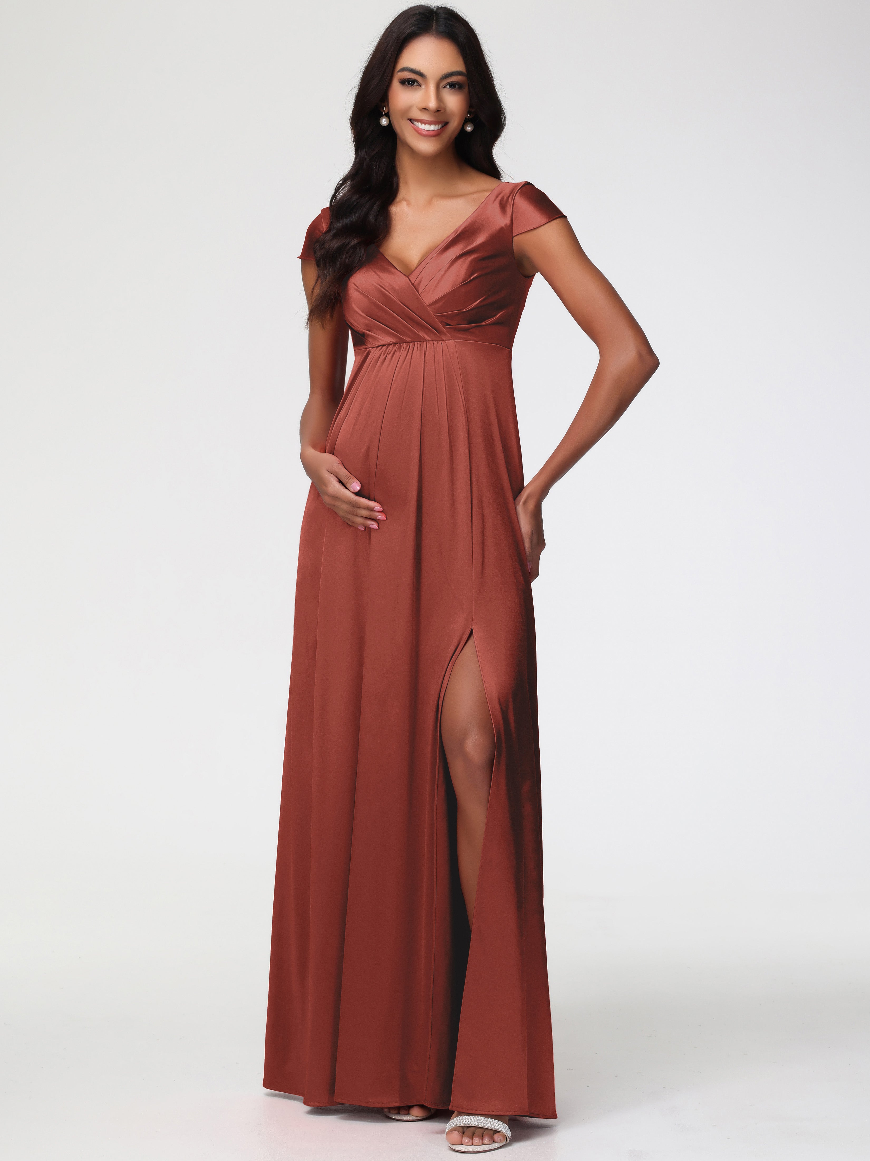 Long Rust Prom Dresses V-Neck Minimalist Cap Sleeves A Line Stretch Satin Prom Dress Long Rust Prom Dresses V-Neck Minimalist Cap Sleeves A Line Stretch Satin Prom Dress