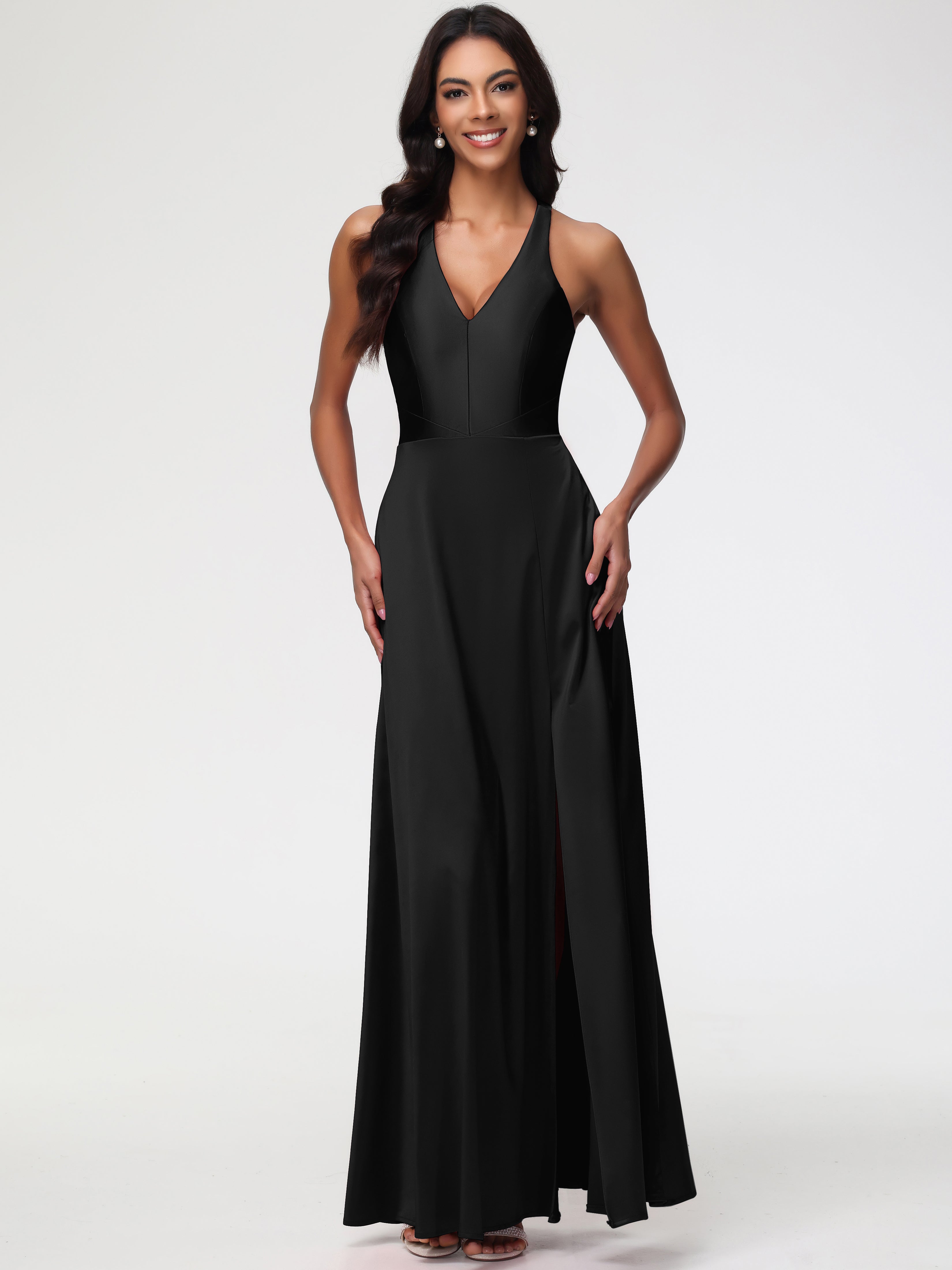 Black Bridesmaid Dresses Elegant V-Neck A Line Slit Stretch Satin Long Black Bridesmaid Dresses Elegant V-Neck A Line Slit Stretch Satin Long