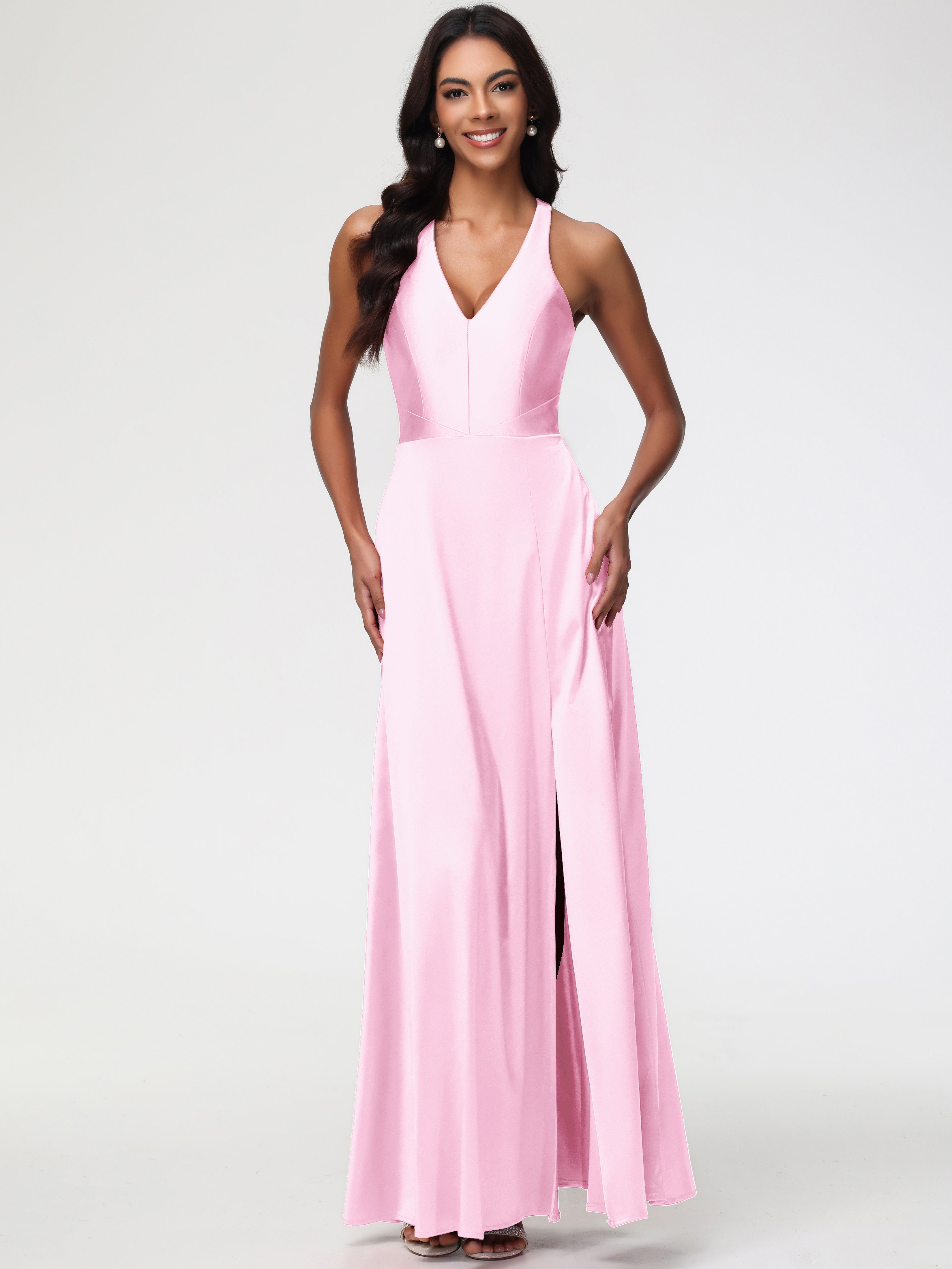 Blush Pink Bridesmaid Dresses Elegant V-Neck A Line Slit Stretch Satin Long Bridesmaid Dress Blush Pink Bridesmaid Dresses Elegant V-Neck A Line Slit Stretch Satin Long Bridesmaid Dress