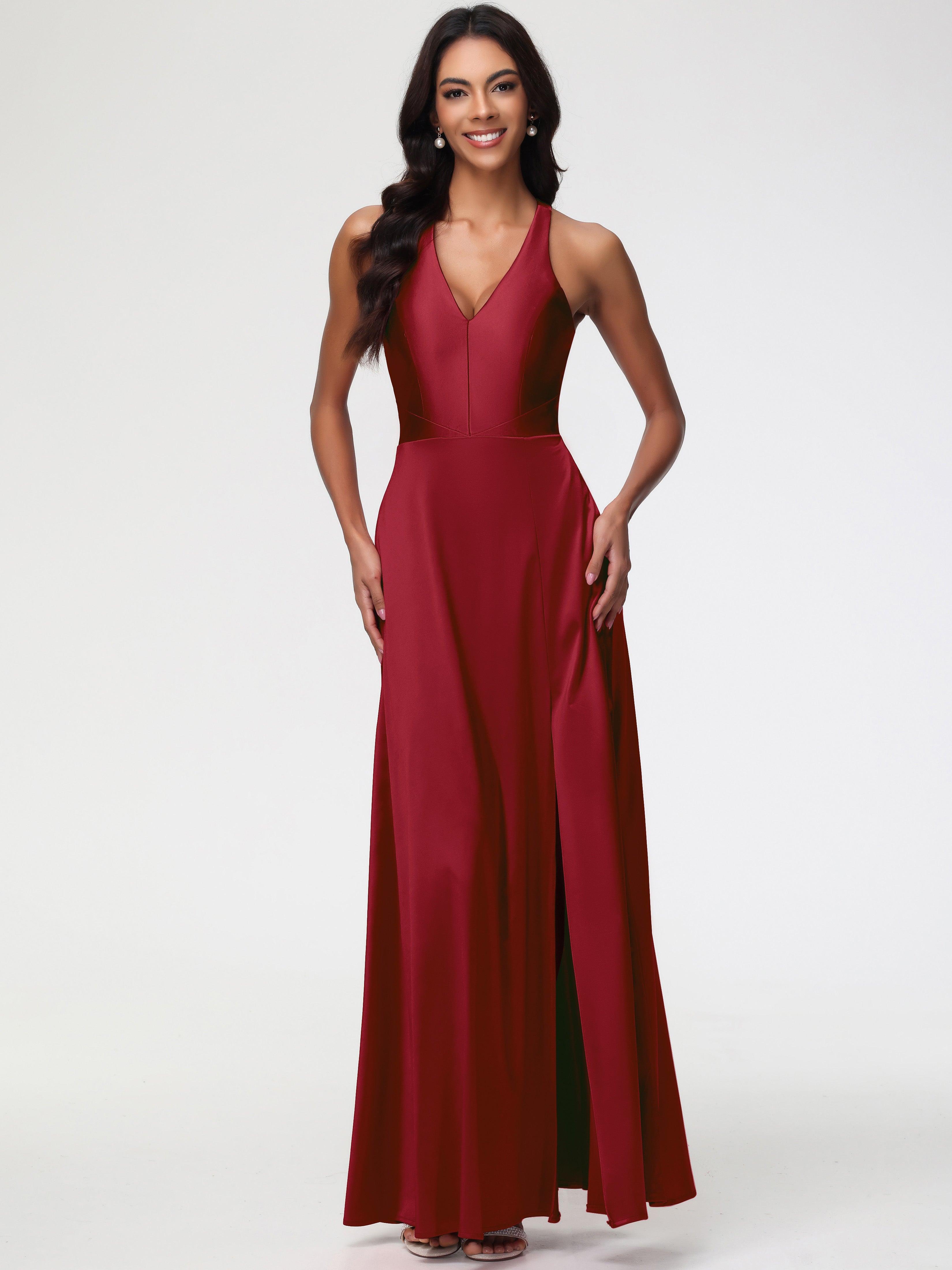 Prom Dresses Burgundy Color Elegant V-Neck A Line Slit Stretch Satin L Prom Dresses Burgundy Color Elegant V-Neck A Line Slit Stretch Satin L