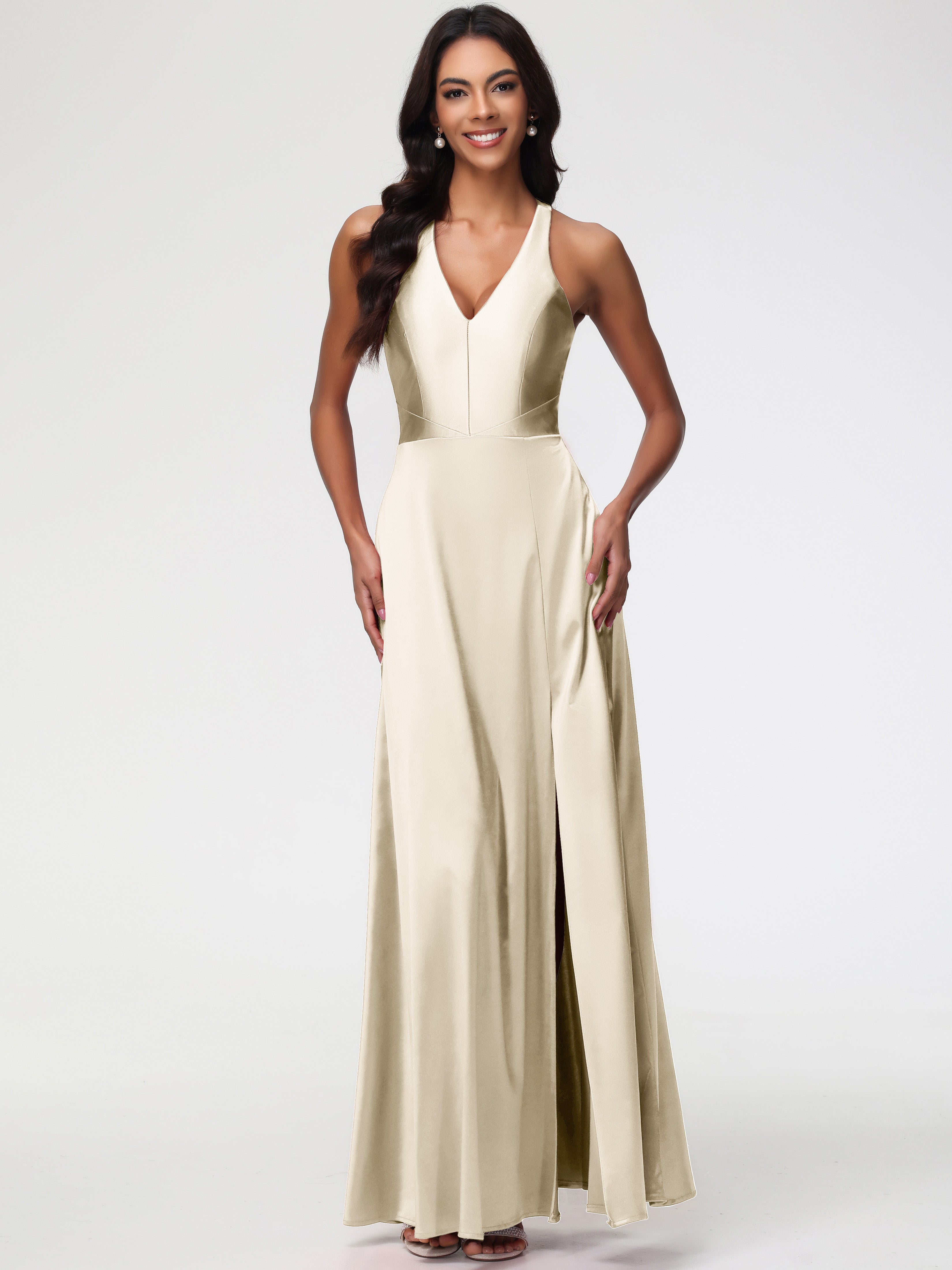 Satin Champagne Formal Dress Elegant V-Neck A Line Slit Stretch Satin Satin Champagne Formal Dress Elegant V-Neck A Line Slit Stretch Satin