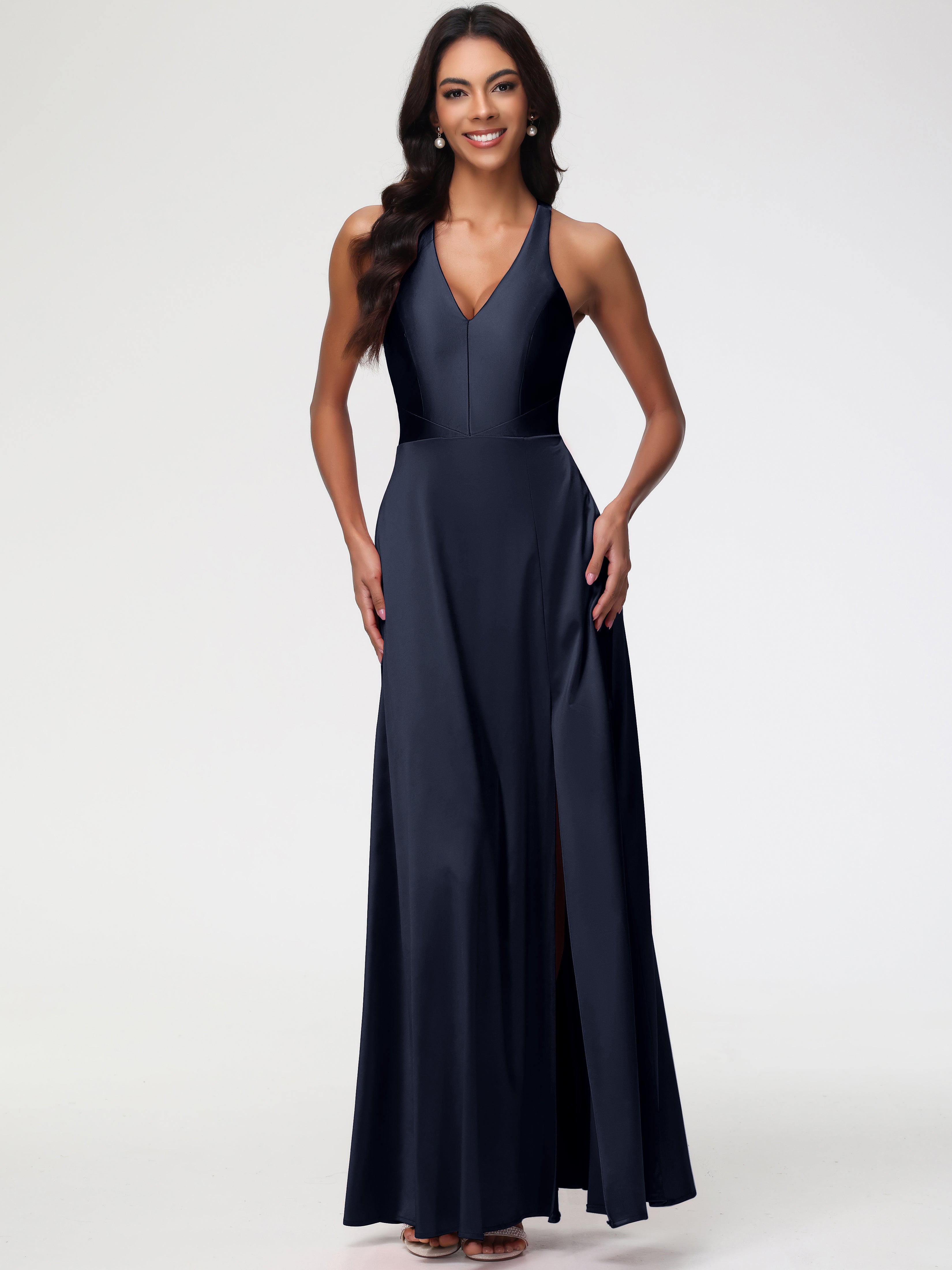 Dark Navy Prom Dresses Elegant V-Neck A Line Slit Stretch Satin Long P Dark Navy Prom Dresses Elegant V-Neck A Line Slit Stretch Satin Long P