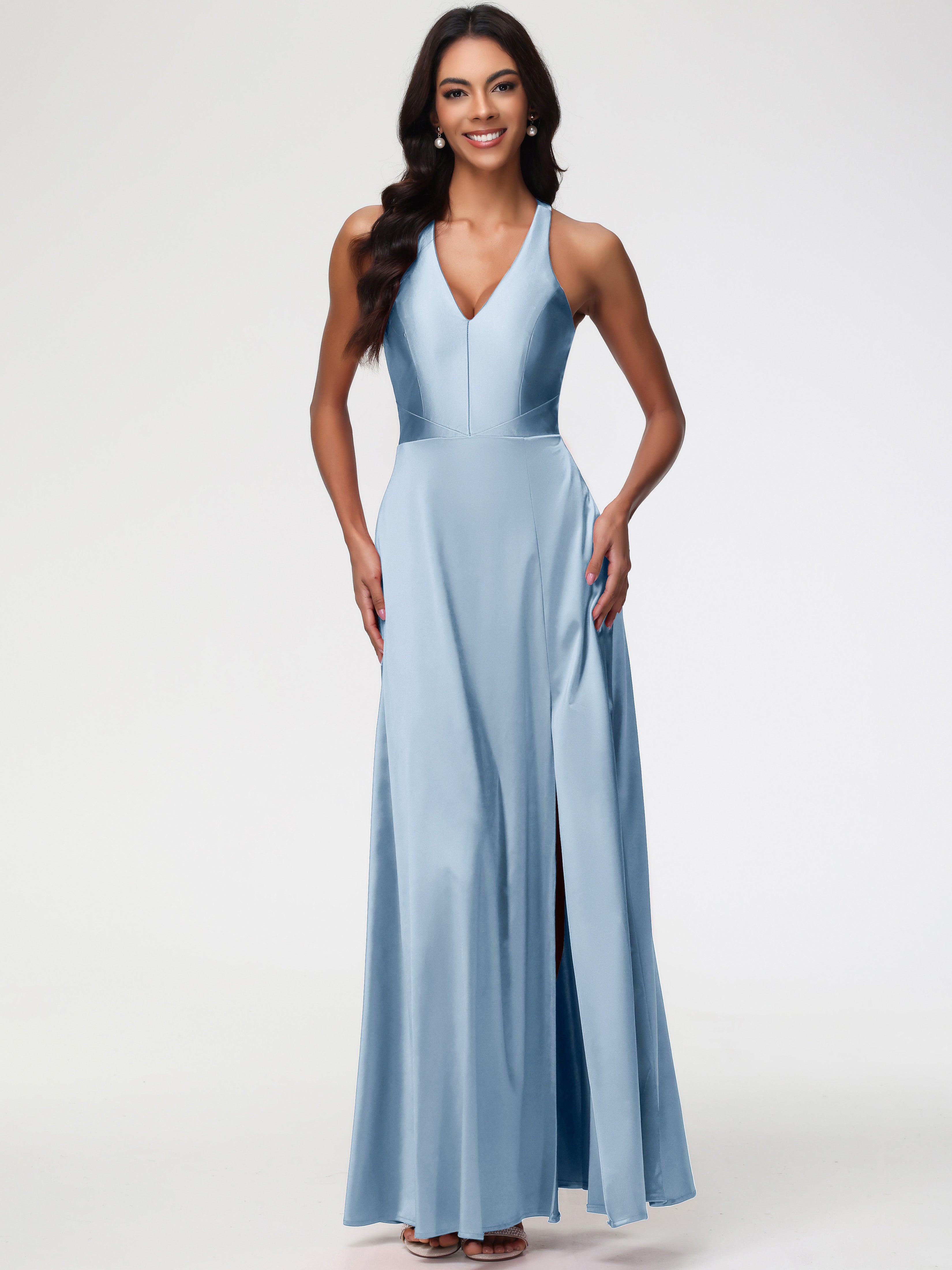 Dusty Blue Satin Bridesmaid Dresses Elegant V-Neck A Line Slit Stretch Dusty Blue Satin Bridesmaid Dresses Elegant V-Neck A Line Slit Stretch