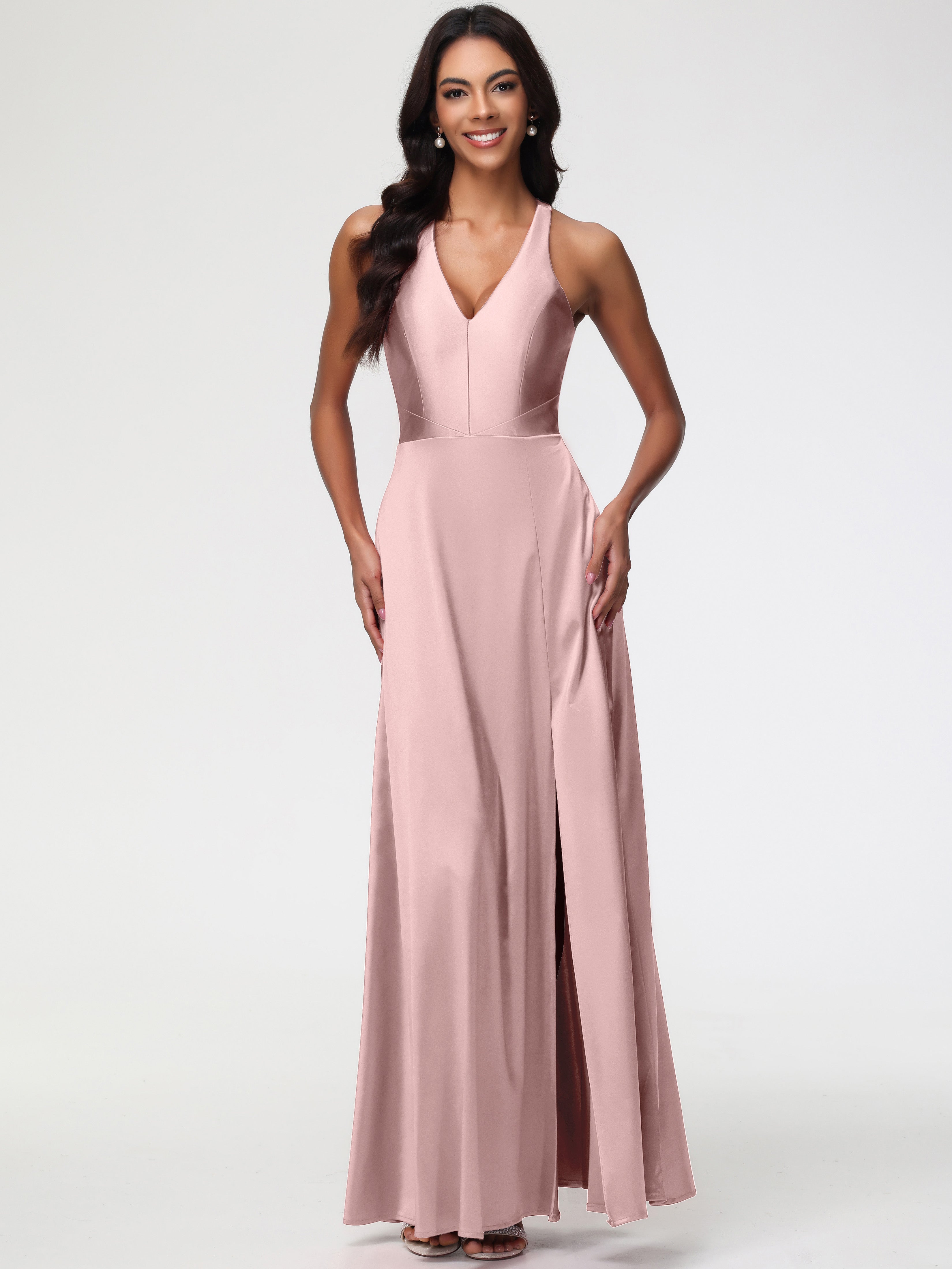 Bridesmaid Dusty Rose Elegant V-Neck A Line Slit Stretch Satin Long Bridesmaid Dress Bridesmaid Dusty Rose Elegant V-Neck A Line Slit Stretch Satin Long Bridesmaid Dress