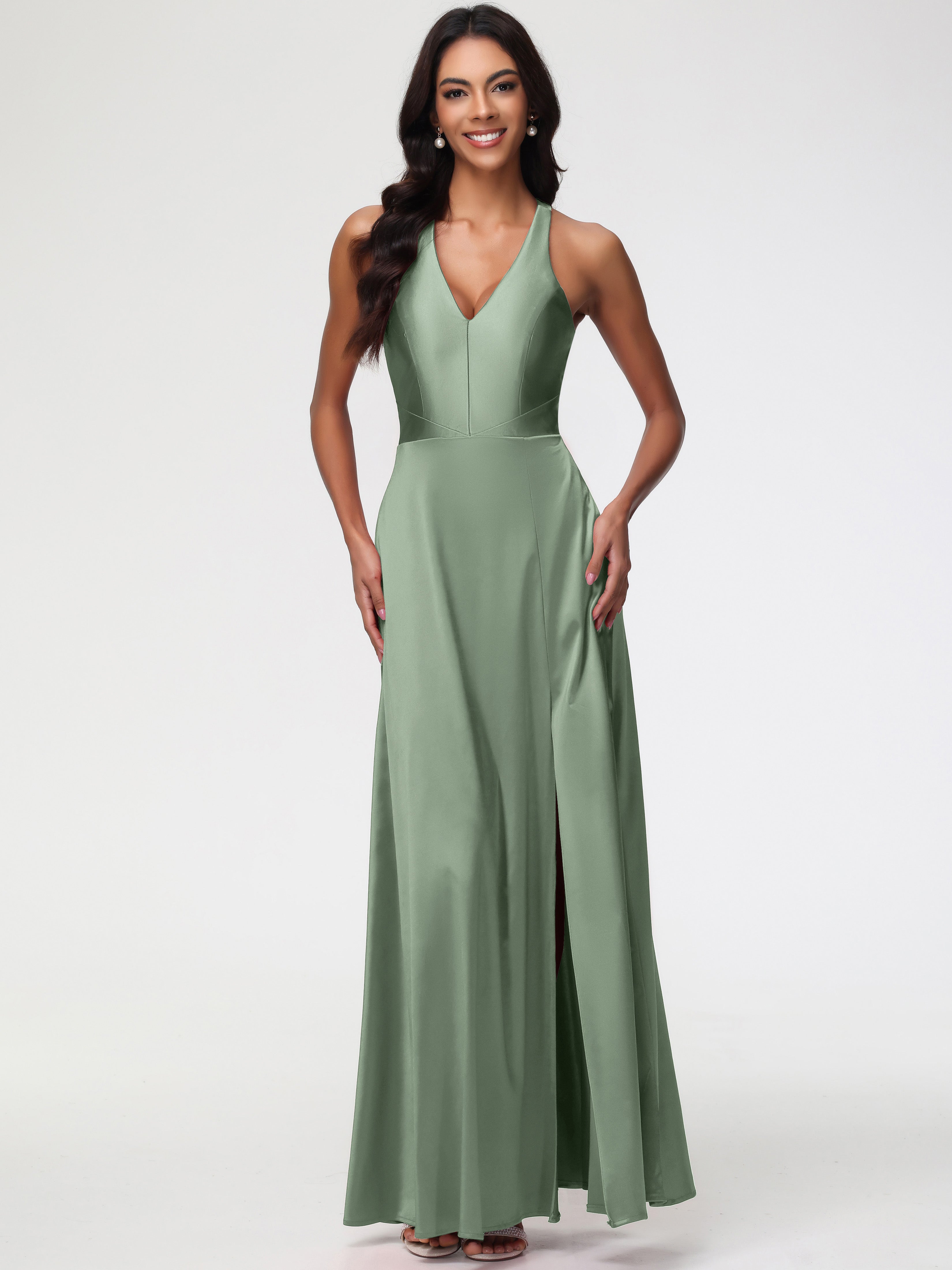 Dusty Sage Formal Dresses Elegant V-Neck A Line Slit Stretch Satin Long  Formal Dress