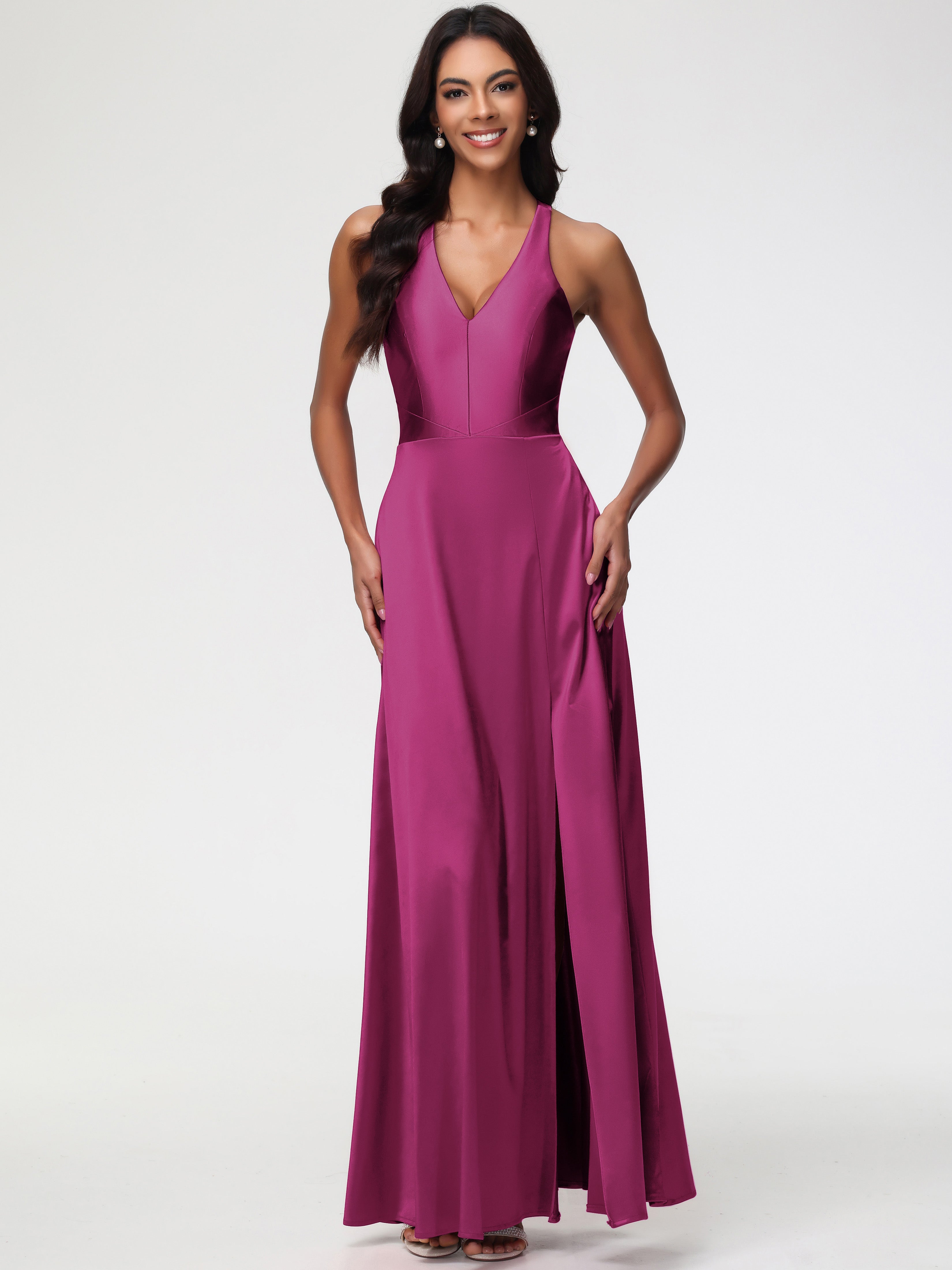 Fuchsia Bridesmaid Dress Satin Elegant V-Neck A Line Slit Stretch Satin Long Bridesmaid Dress Fuchsia Bridesmaid Dress Satin Elegant V-Neck A Line Slit Stretch Satin Long Bridesmaid Dress