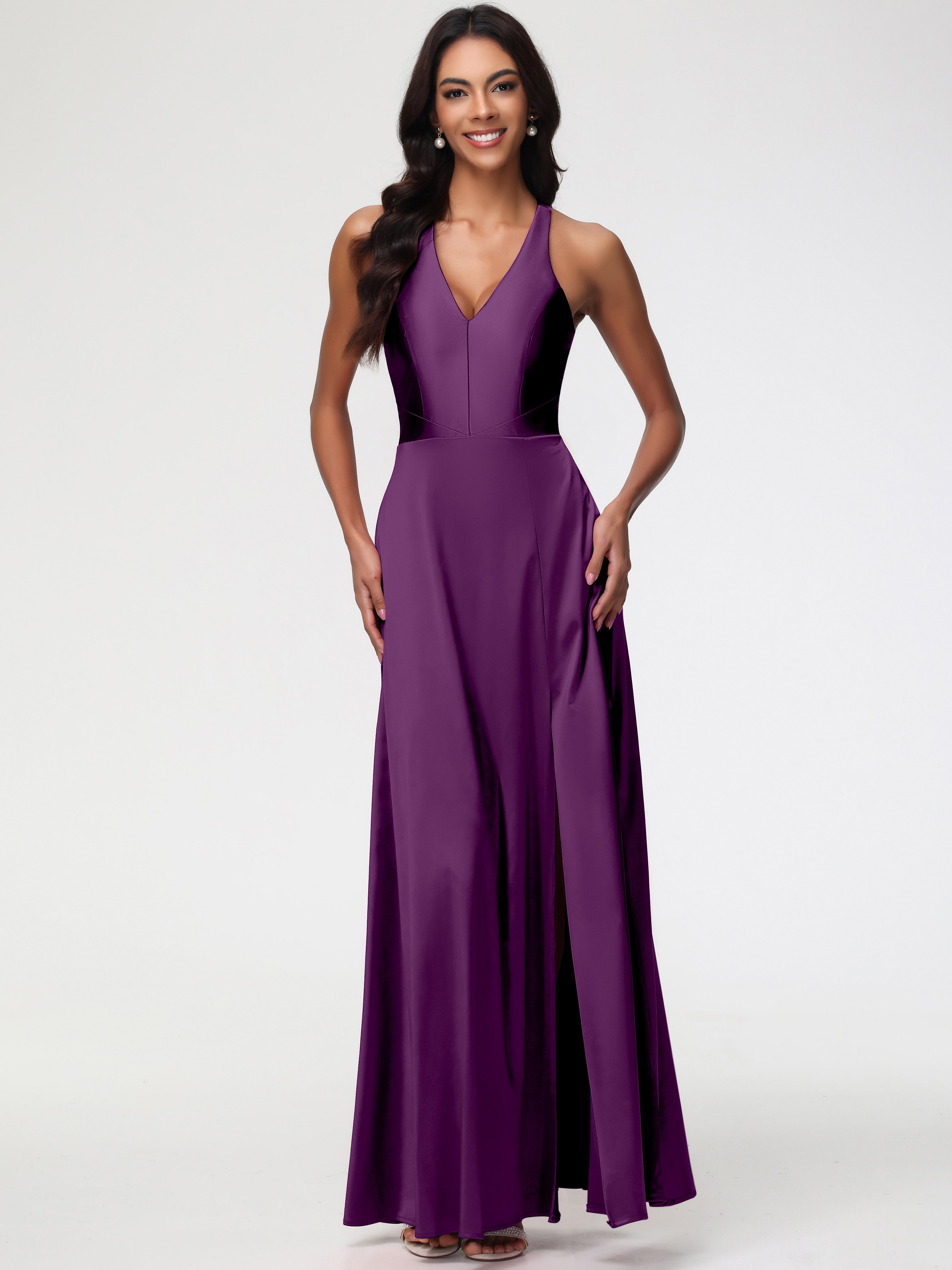 Grape Formal Dresses Elegant V-Neck A Line Slit Stretch Satin Long Formal Dress Grape Formal Dresses Elegant V-Neck A Line Slit Stretch Satin Long Formal Dress