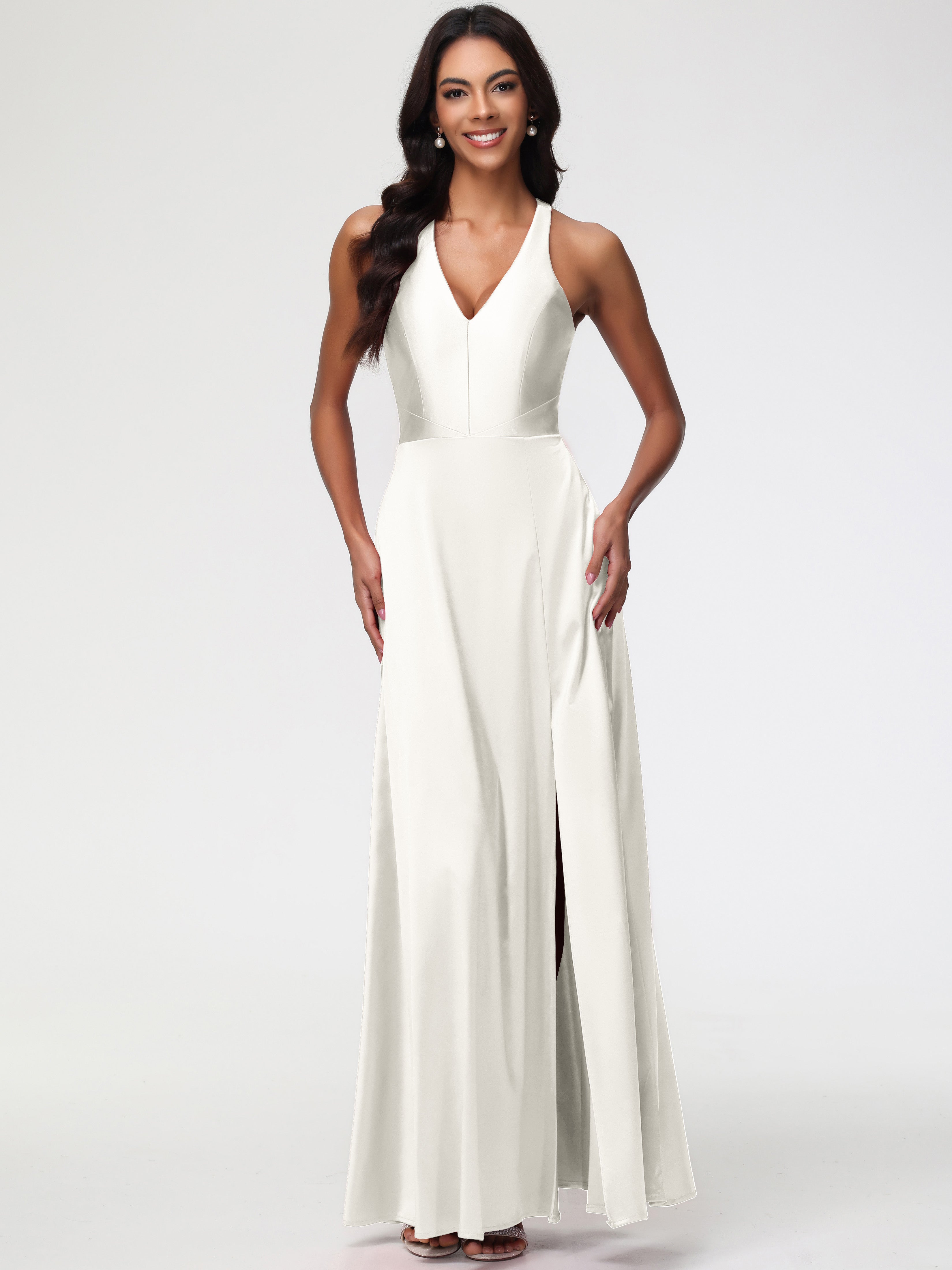 Ivory Bridesmaids Dress Elegant V-Neck A Line Slit Stretch Satin Long Ivory Bridesmaids Dress Elegant V-Neck A Line Slit Stretch Satin Long