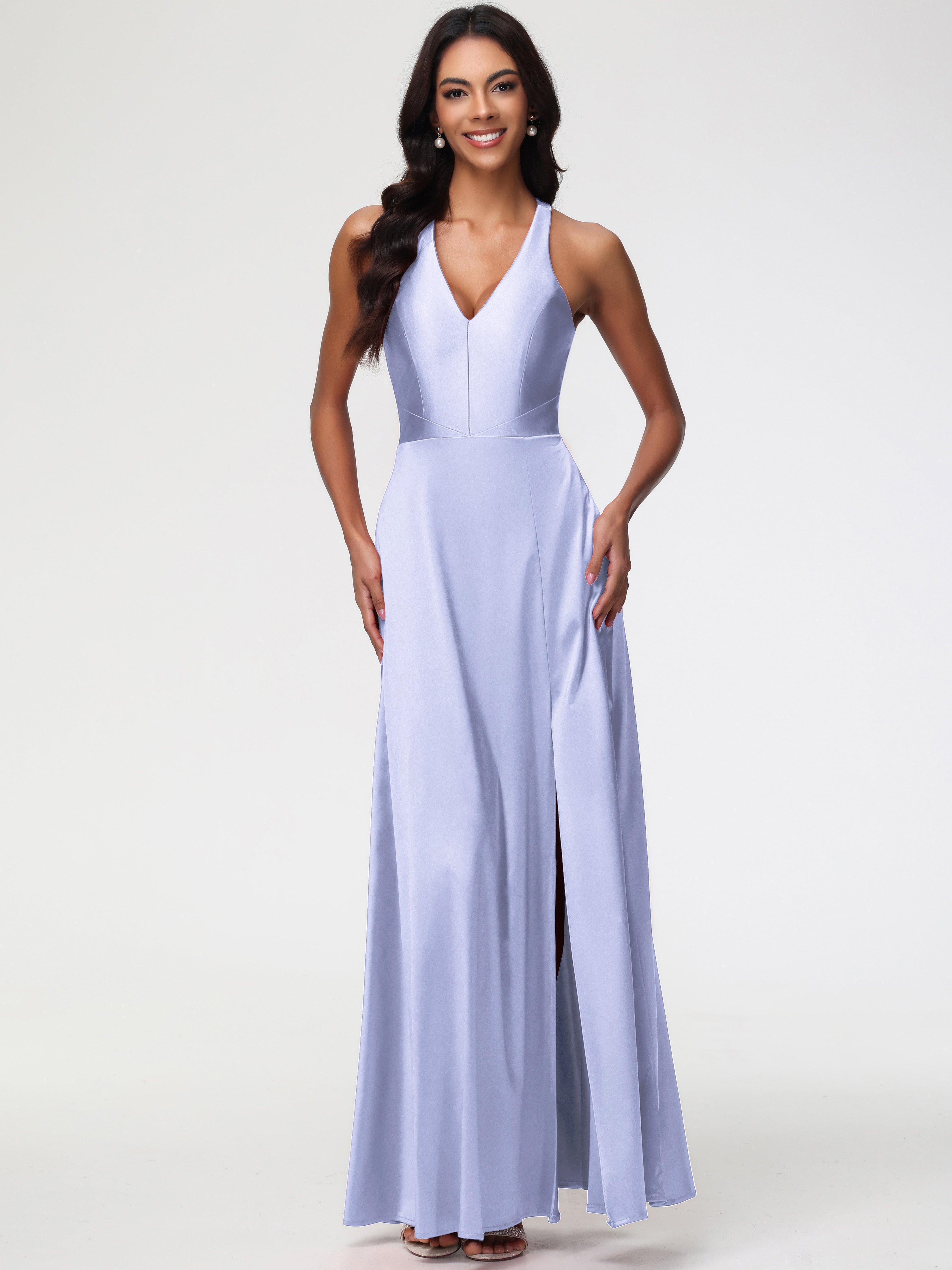 Lavender Satin Prom Dresses Elegant V-Neck A Line Slit Stretch Satin L Lavender Satin Prom Dresses Elegant V-Neck A Line Slit Stretch Satin L