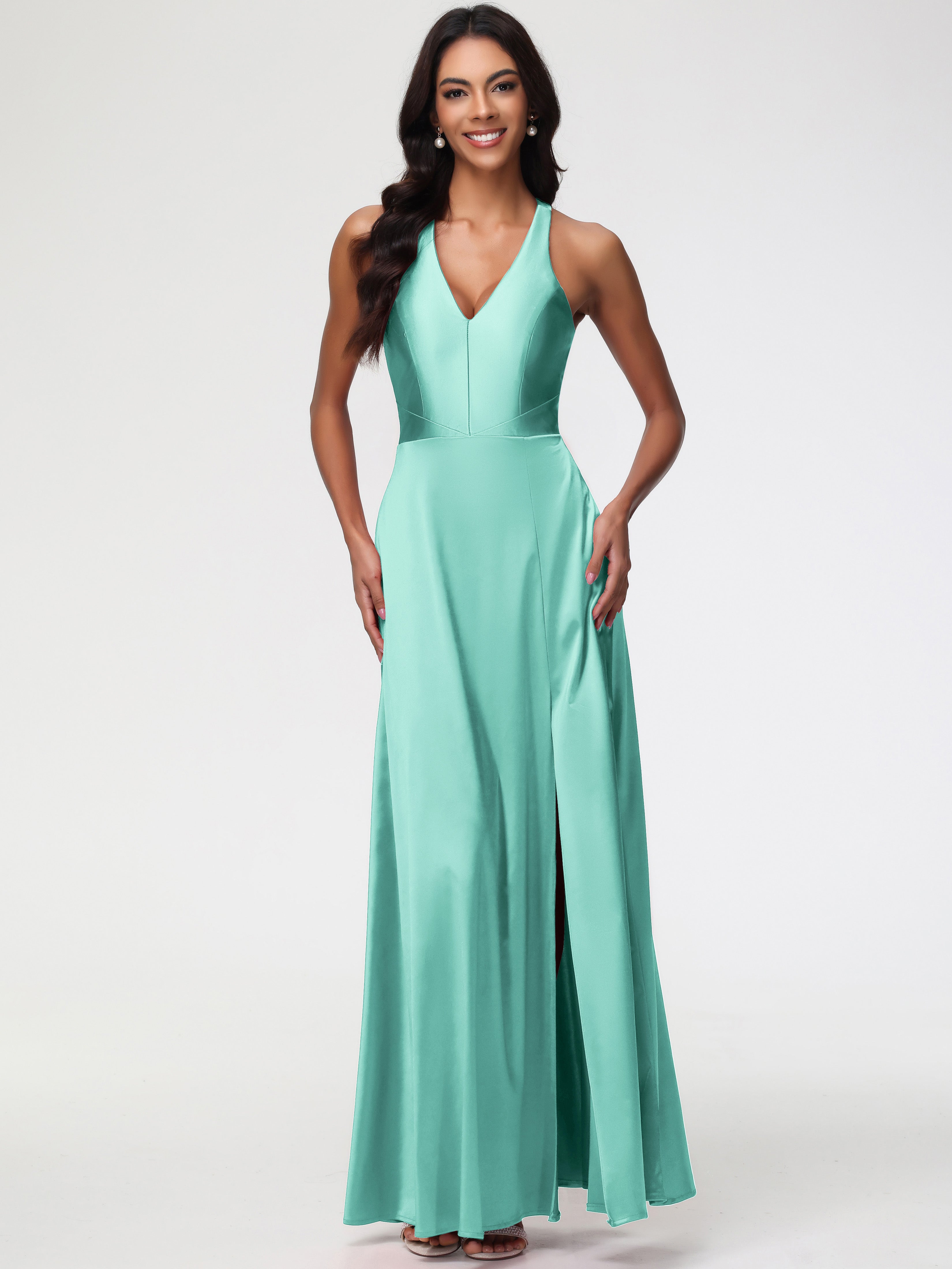 Prom Dress Mint Green Elegant V-Neck A Line Slit Stretch Satin Long Pr Prom Dress Mint Green Elegant V-Neck A Line Slit Stretch Satin Long Pr