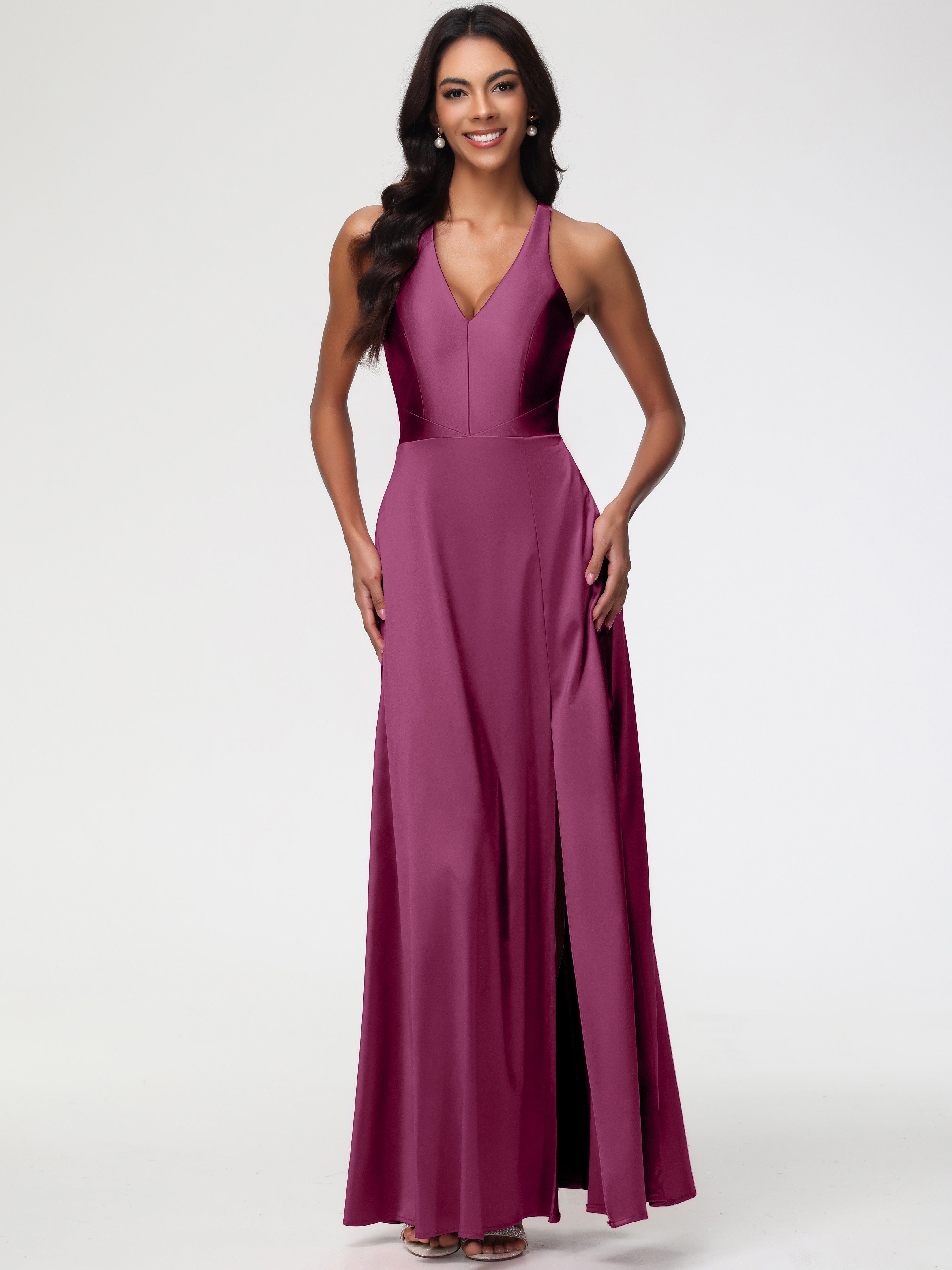 Mulberry Formal Dresses Elegant V-Neck A Line Slit Stretch Satin Long Formal Dress Mulberry Formal Dresses Elegant V-Neck A Line Slit Stretch Satin Long Formal Dress