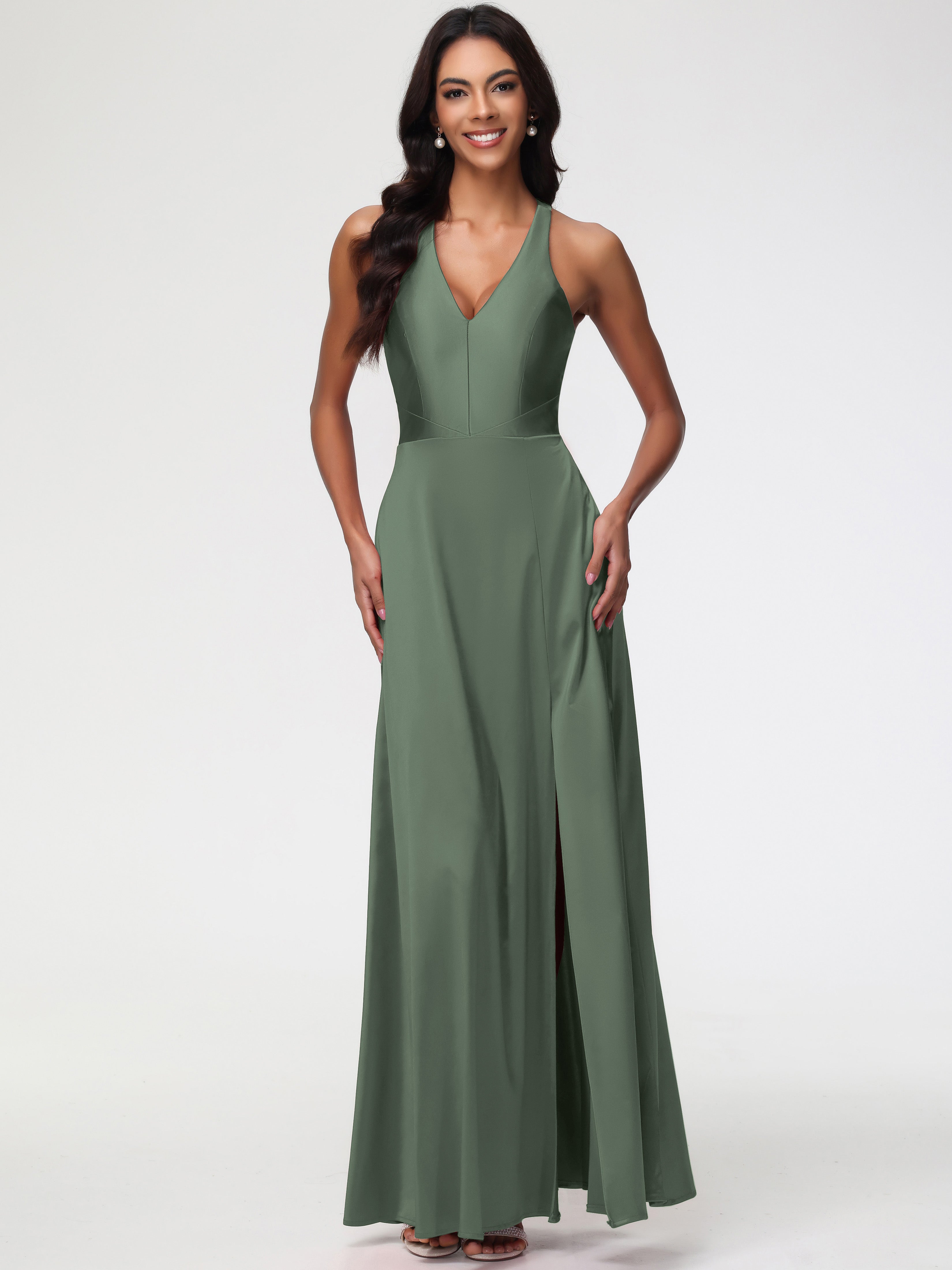 Olive Green Bridesmaid Dresses Elegant V-Neck A Line Slit Stretch Sati Olive Green Bridesmaid Dresses Elegant V-Neck A Line Slit Stretch Sati
