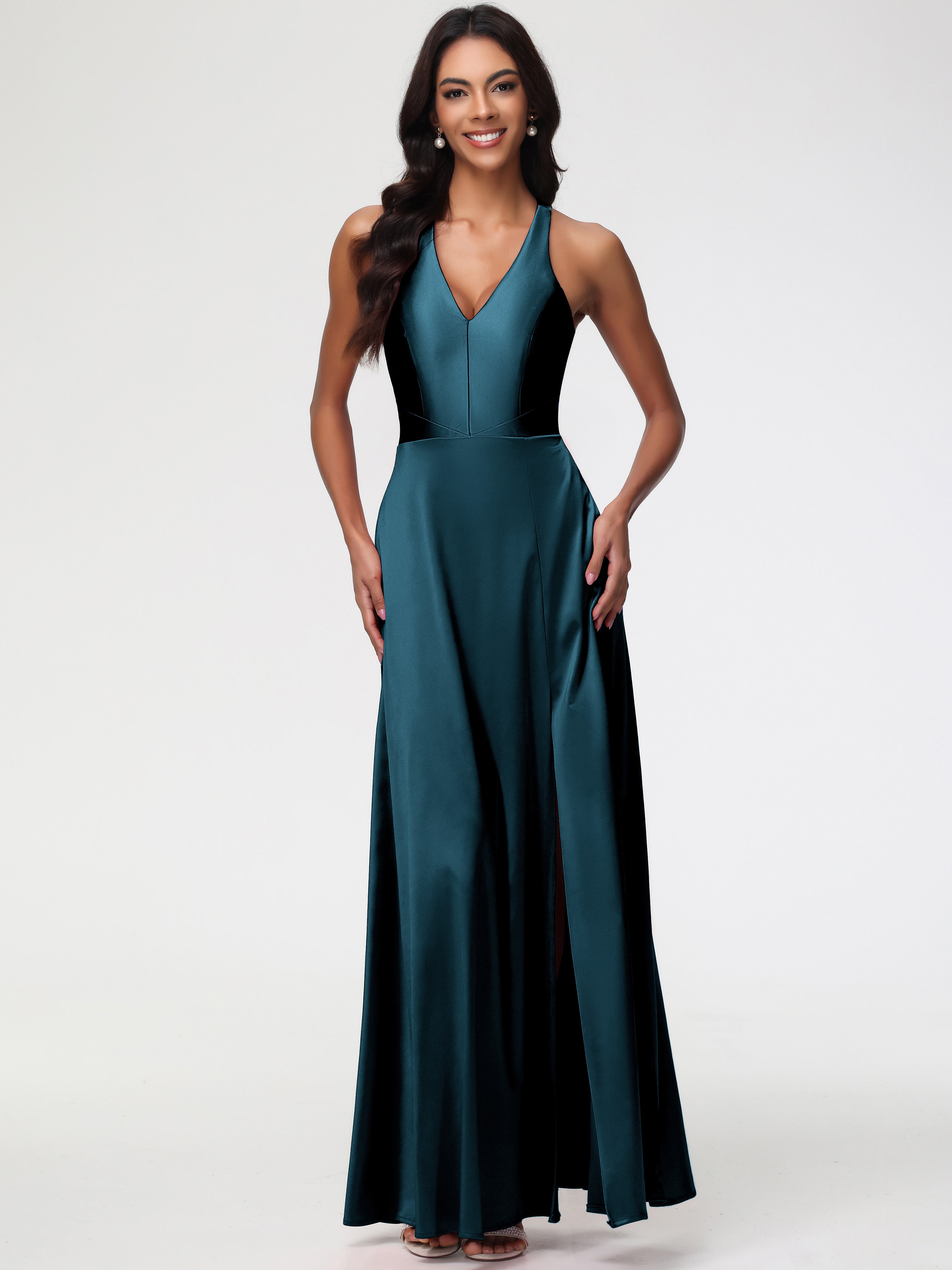 Bridesmaid Dress Peacock Elegant V-Neck A Line Slit Stretch Satin Long Bridesmaid Dress Bridesmaid Dress Peacock Elegant V-Neck A Line Slit Stretch Satin Long Bridesmaid Dress