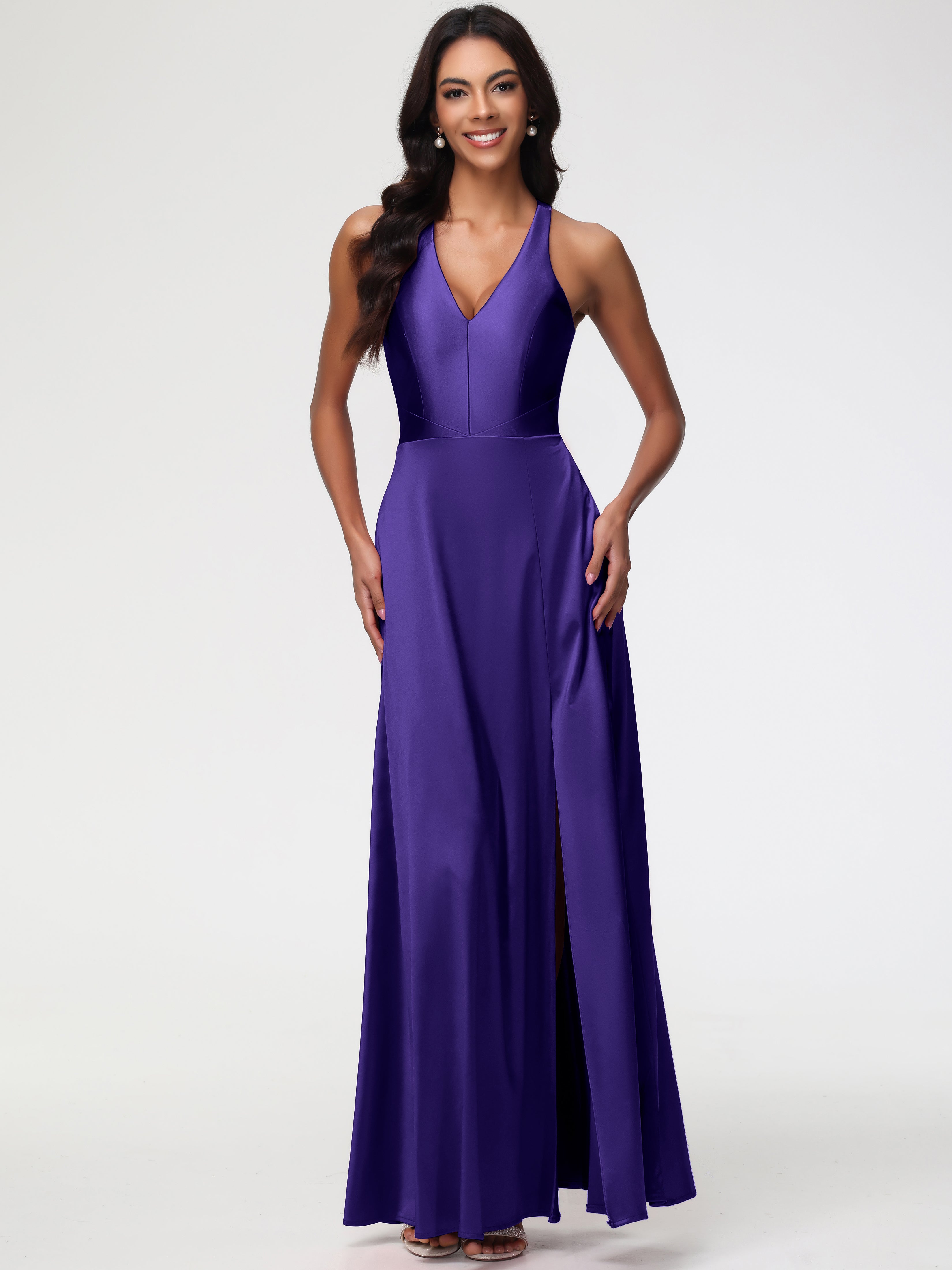 Regency Purple Formal Dresses Elegant V-Neck A Line Slit Stretch Satin Regency Purple Formal Dresses Elegant V-Neck A Line Slit Stretch Satin