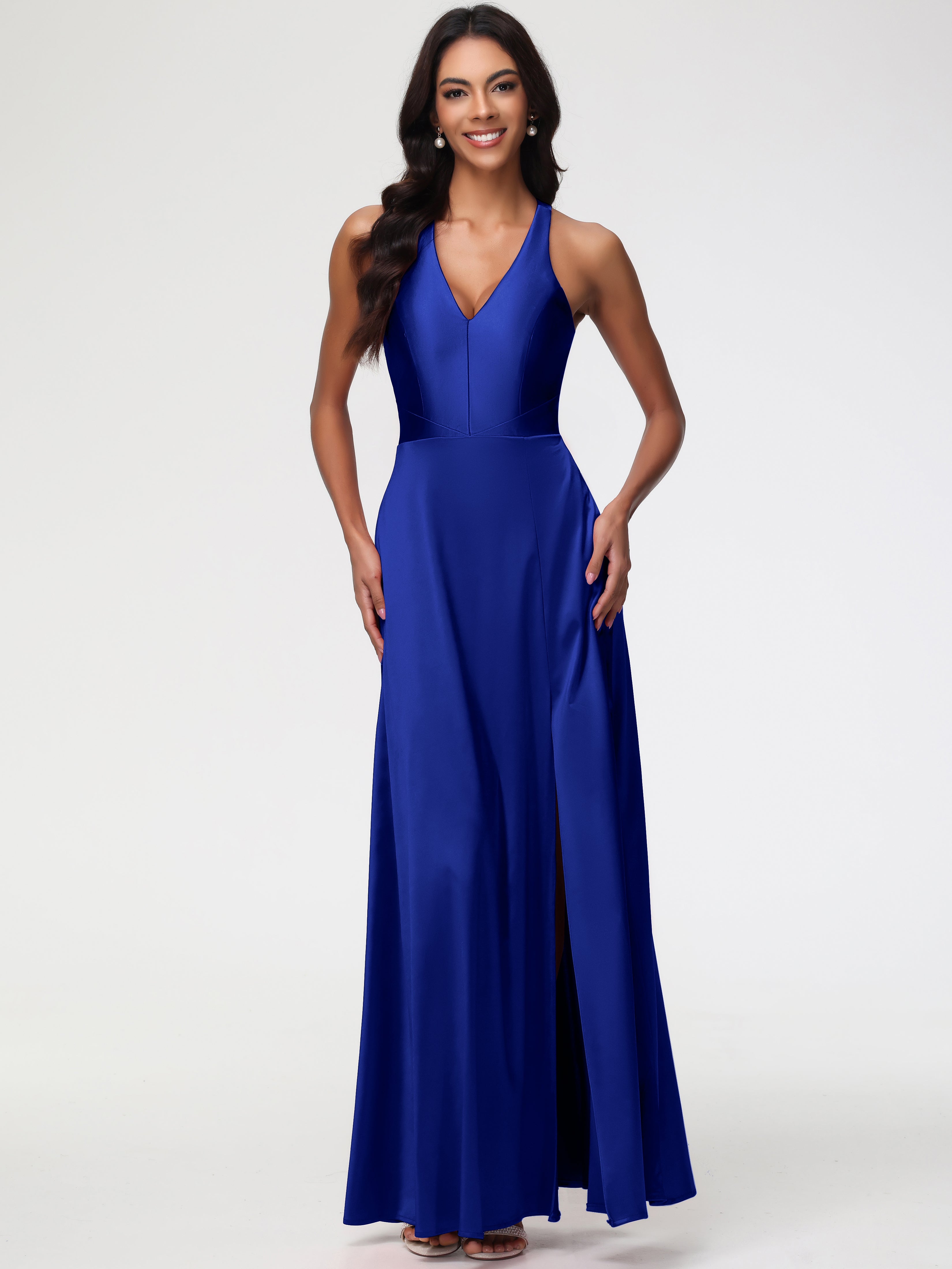 Royal Blue Prom Elegant V-Neck A Line Slit Stretch Satin Long Prom Dre Royal Blue Prom Elegant V-Neck A Line Slit Stretch Satin Long Prom Dre