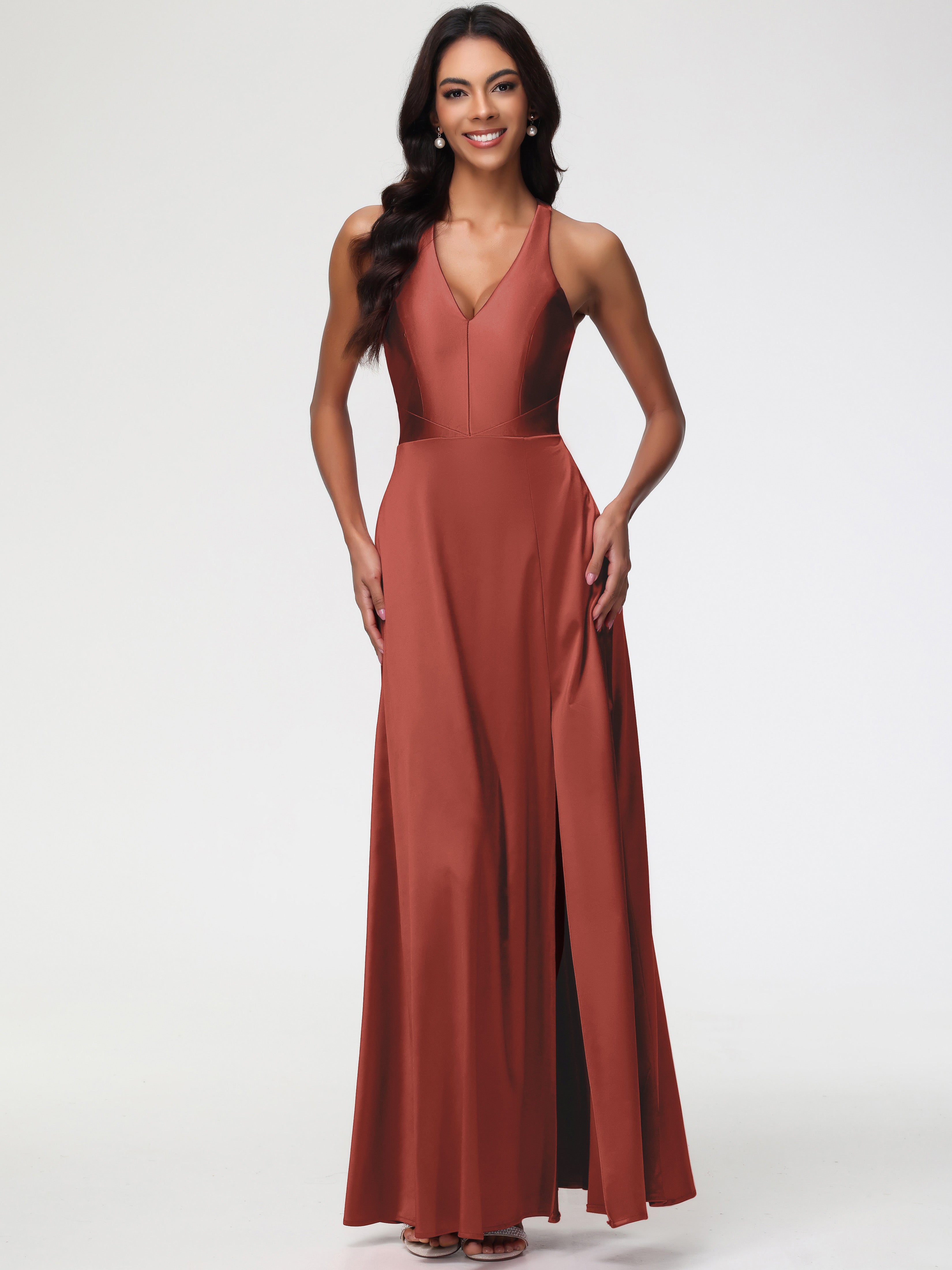 Rust Bridesmaids Dress Elegant V-Neck A Line Slit Stretch Satin Long Bridesmaid Dress Rust Bridesmaids Dress Elegant V-Neck A Line Slit Stretch Satin Long Bridesmaid Dress