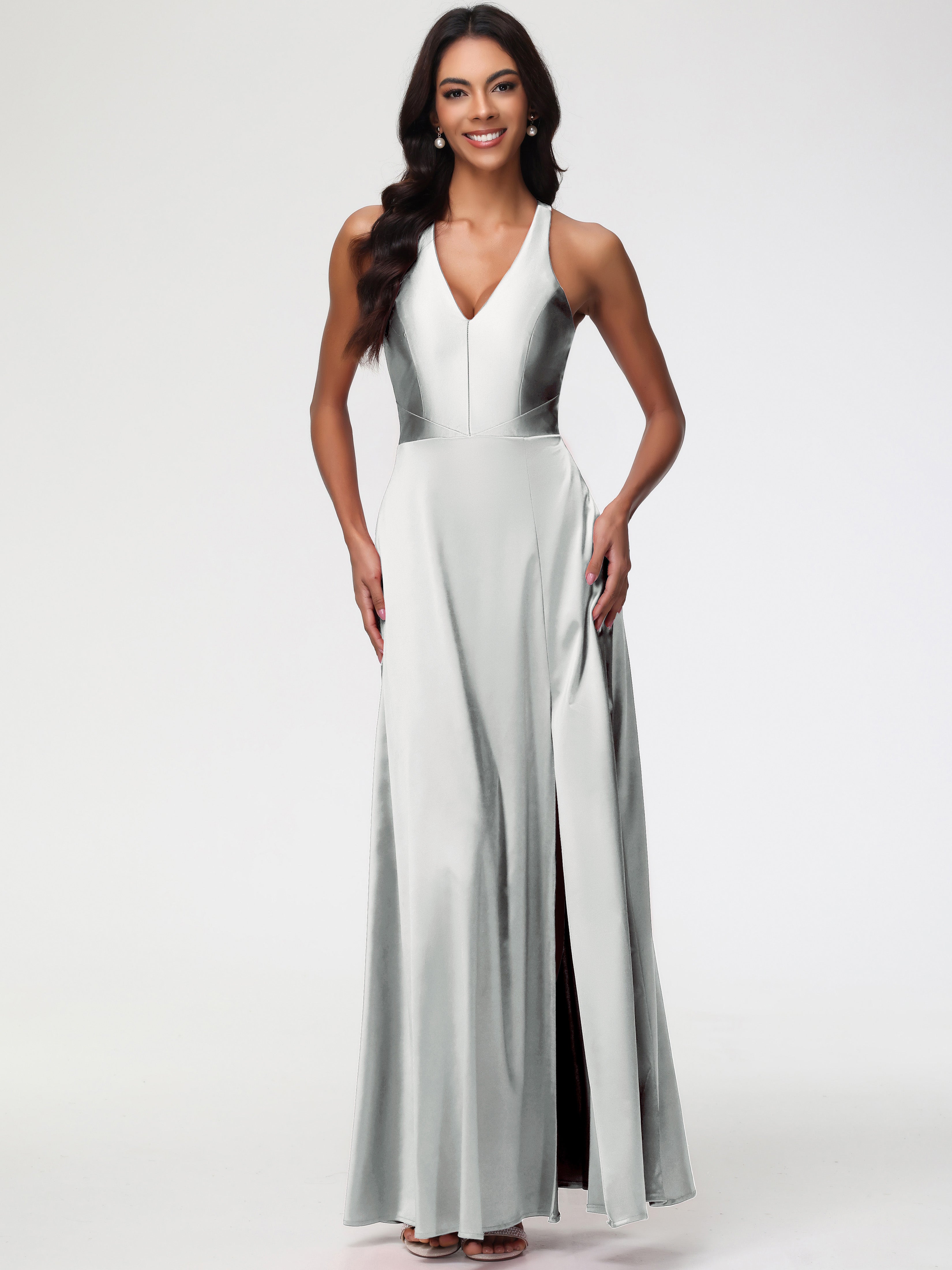 Formal Dresses Silver Elegant V-Neck A Line Slit Stretch Satin Long Fo Formal Dresses Silver Elegant V-Neck A Line Slit Stretch Satin Long Fo