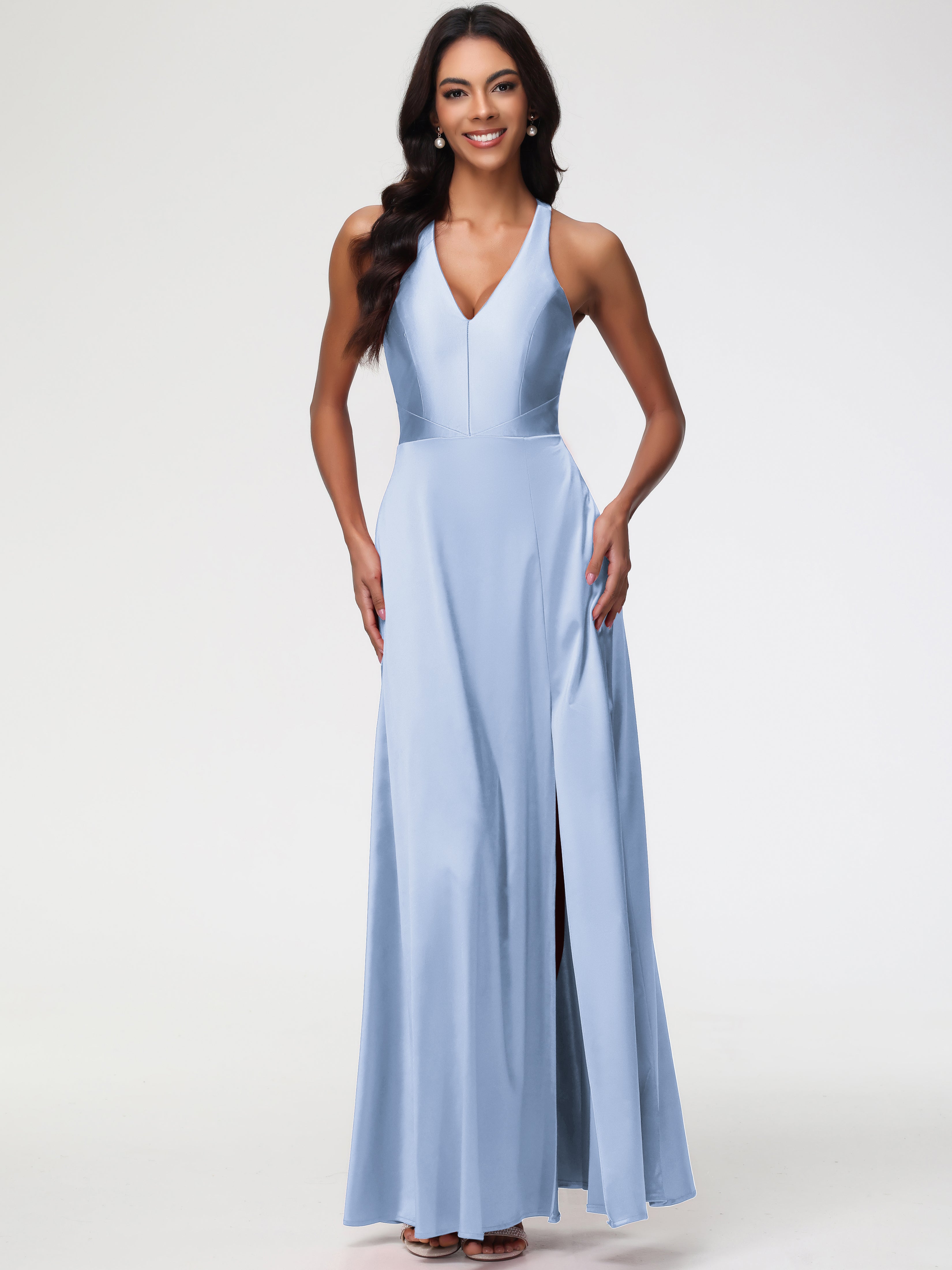 Sky Blue Dress Formal Elegant V-Neck A Line Slit Stretch Satin Long Fo Sky Blue Dress Formal Elegant V-Neck A Line Slit Stretch Satin Long Fo