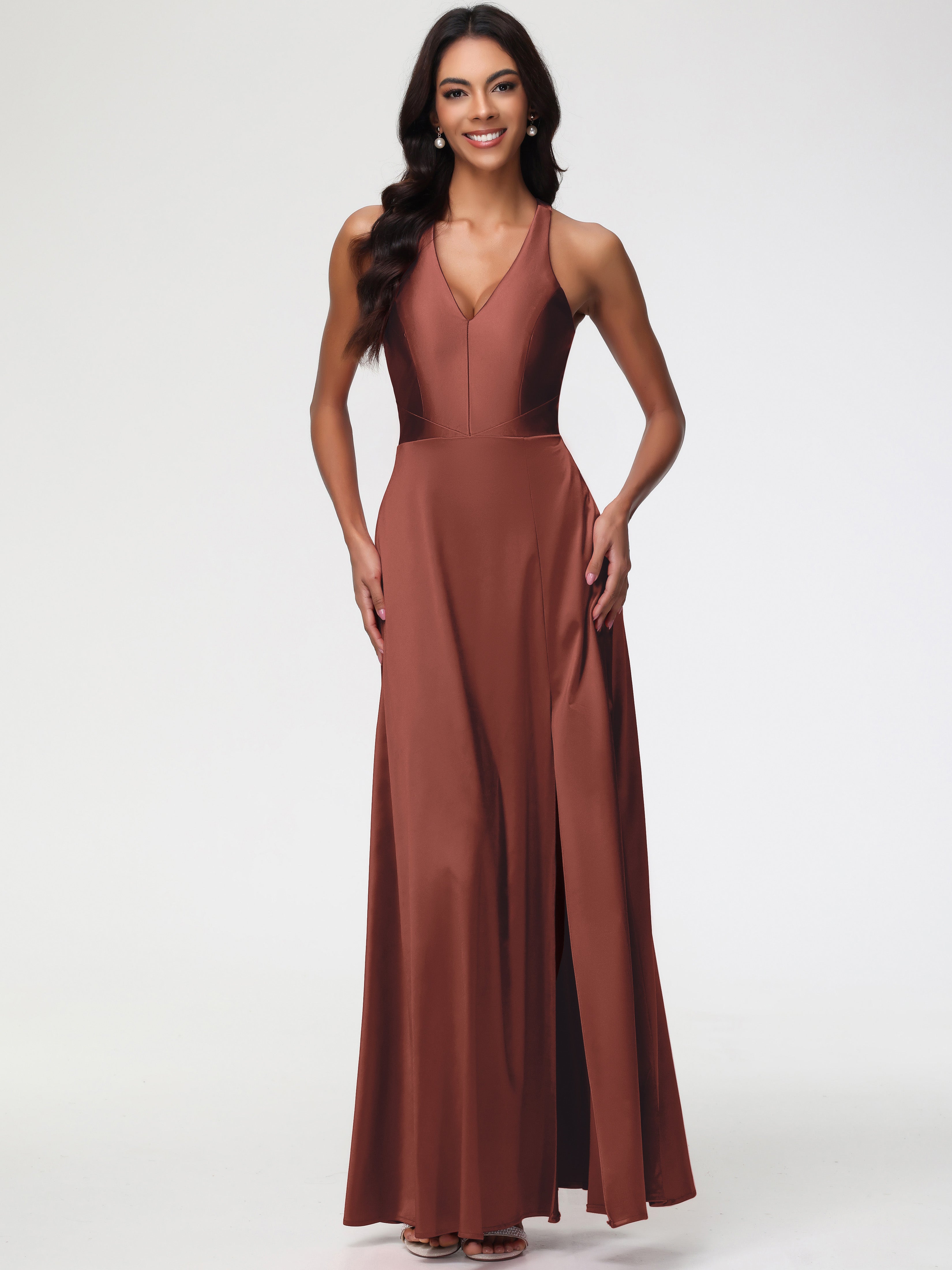 Satin Terracotta Formal Dresses Elegant V-Neck A Line Slit Stretch Satin Long Formal Dress Satin Terracotta Formal Dresses Elegant V-Neck A Line Slit Stretch Satin Long Formal Dress