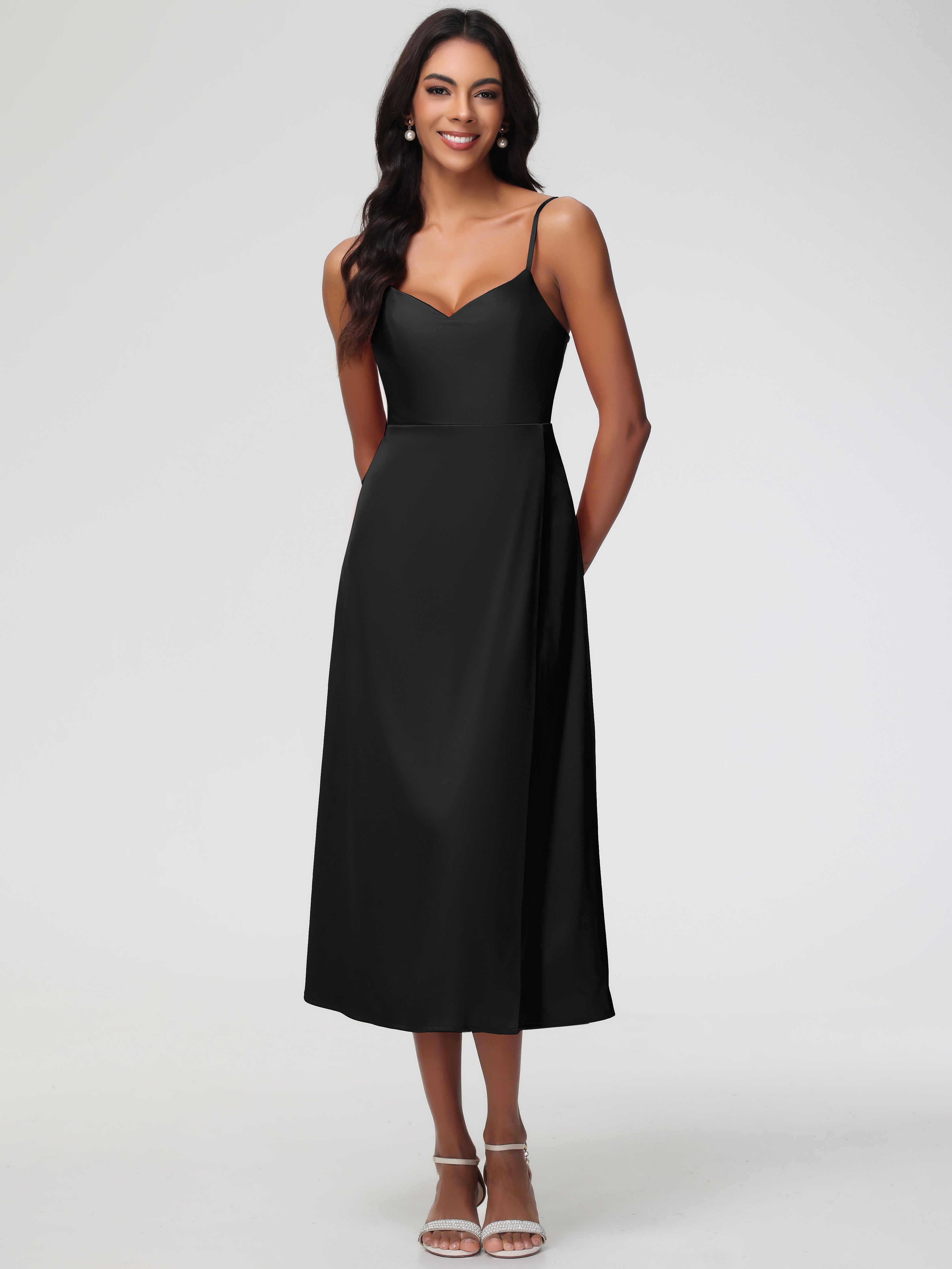 Formal Dresses Black Women Spaghetti Straps Tea Length Back Zip Stretch Satin Formal Dress Formal Dresses Black Women Spaghetti Straps Tea Length Back Zip Stretch Satin Formal Dress