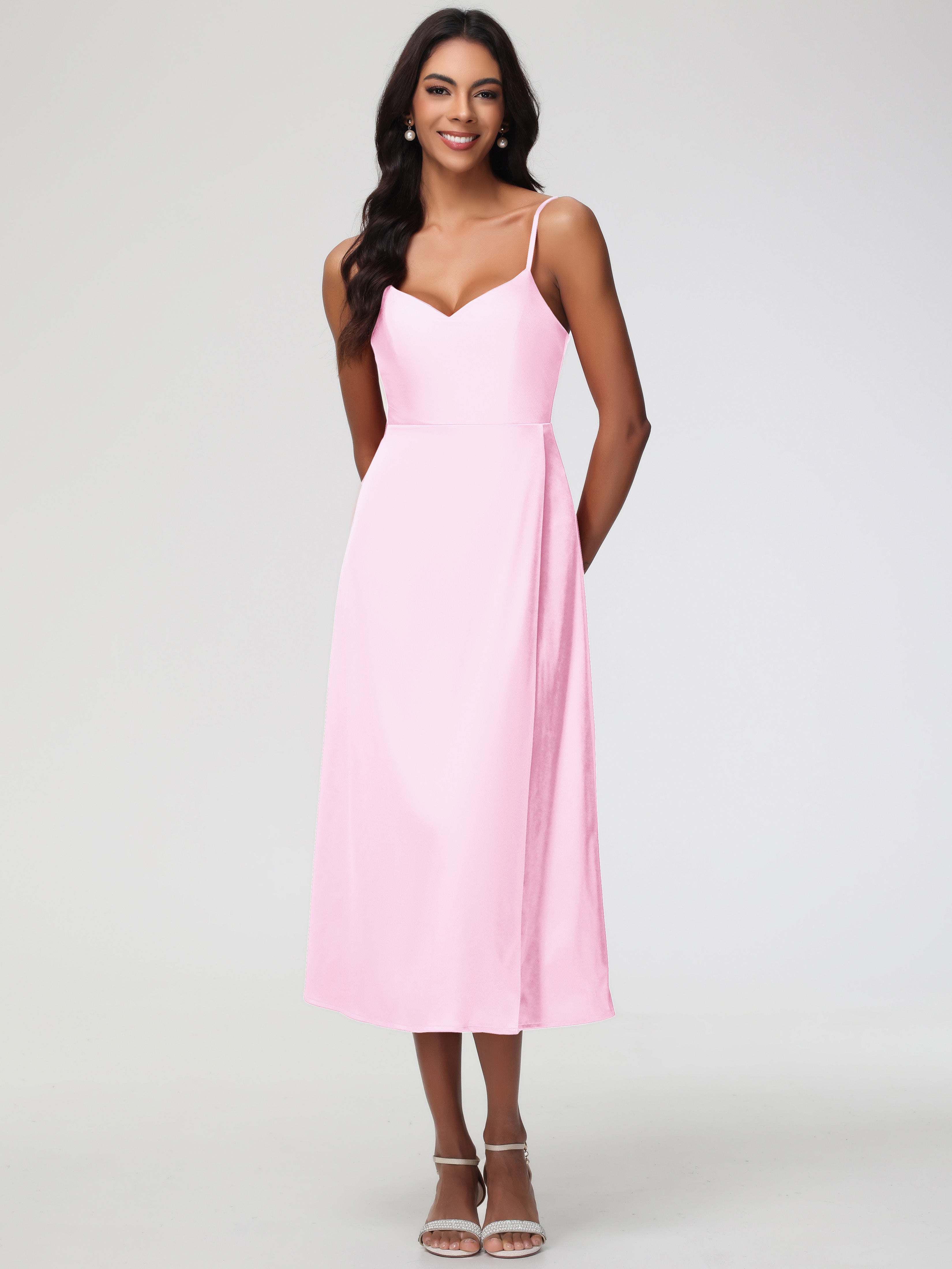 Blush Pink Bridesmaid Spaghetti Straps Tea Length Back Zip Stretch Sat Blush Pink Bridesmaid Spaghetti Straps Tea Length Back Zip Stretch Sat