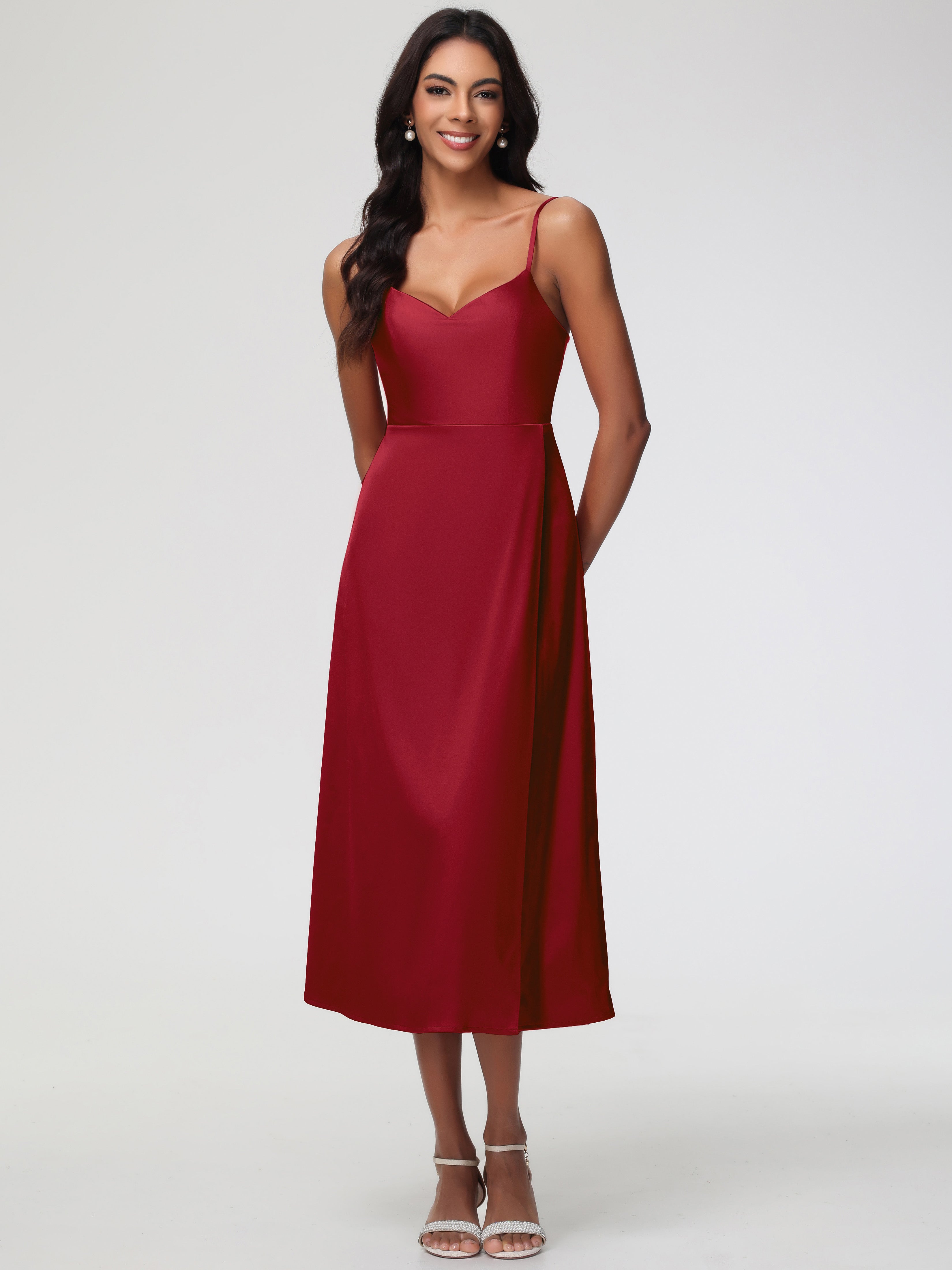 Prom Dress Champagne Spaghetti Straps Tea Length Back Zip Stretch Sati Prom Dress Champagne Spaghetti Straps Tea Length Back Zip Stretch Sati