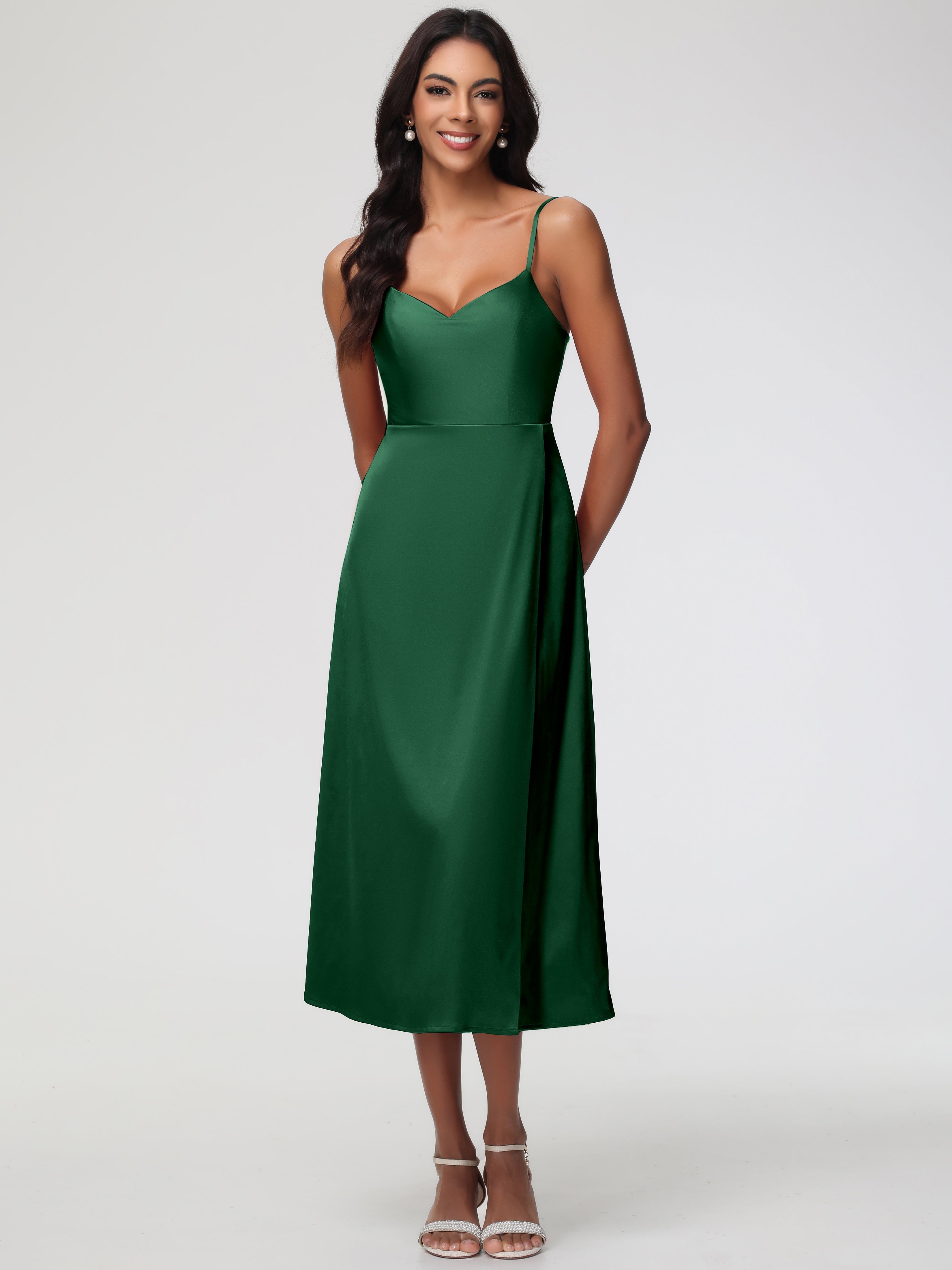 Dark Green Formal Dresses Satin Spaghetti Straps Tea Length Back Zip Stretch Satin Formal Dress Dark Green Formal Dresses Satin Spaghetti Straps Tea Length Back Zip Stretch Satin Formal Dress