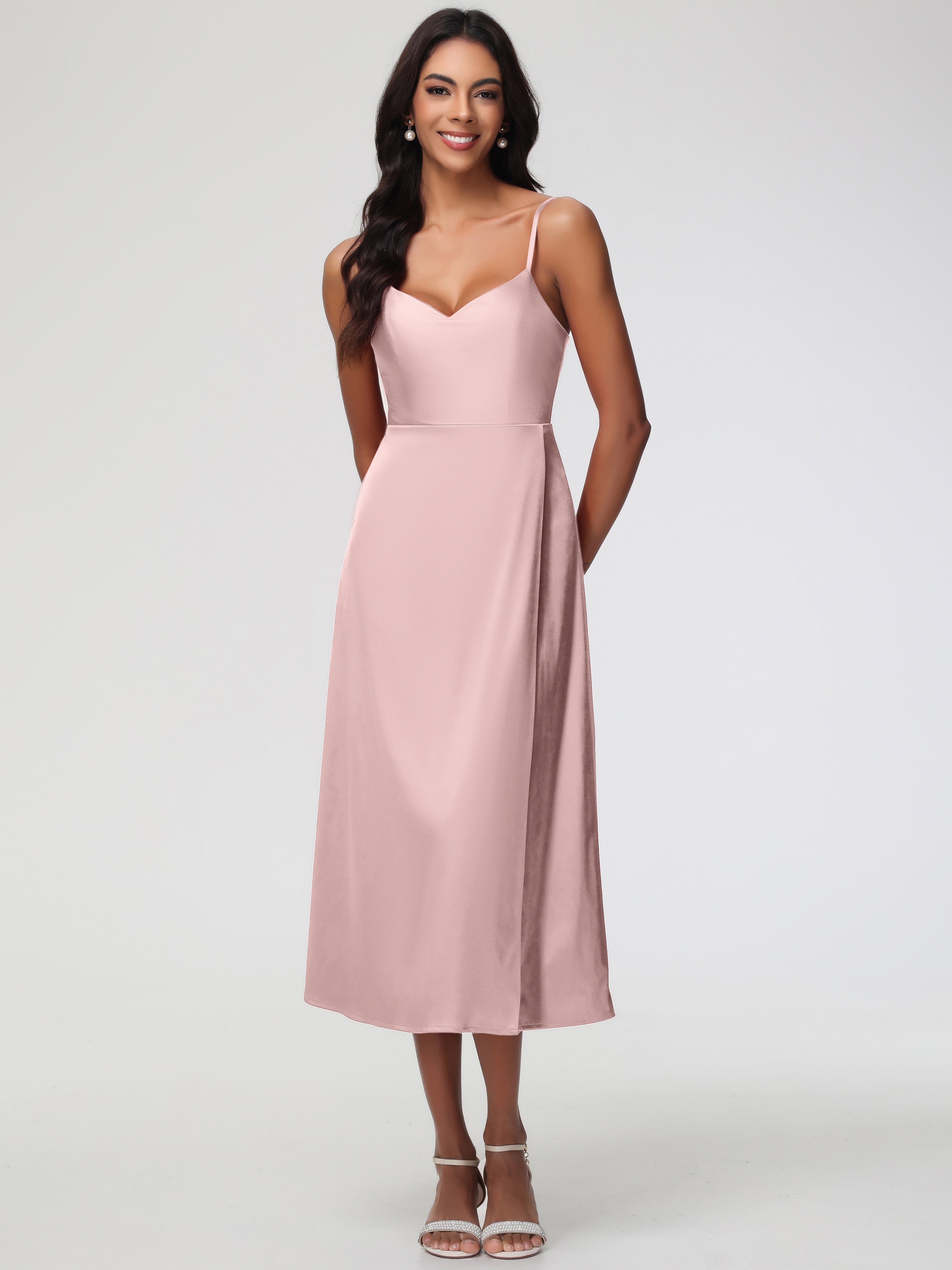 Dusty Rose Prom Dresses Satin Spaghetti Straps Tea Length Back Zip Stretch Satin Prom Dress