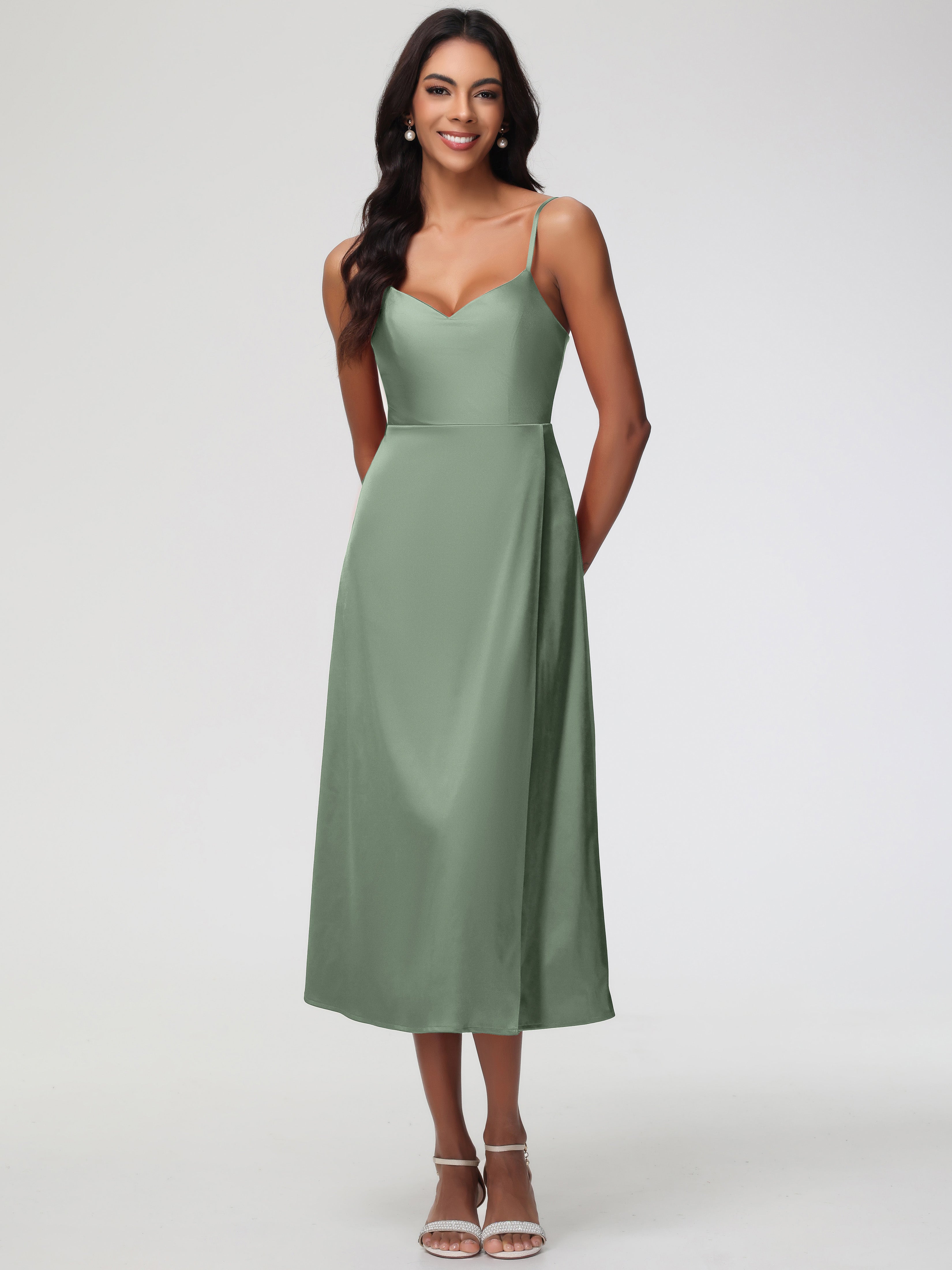 Dusty Sage Satin Formal Dresses Spaghetti Straps Tea Length Back Zip Stretch Satin Formal Dress Dusty Sage Satin Formal Dresses Spaghetti Straps Tea Length Back Zip Stretch Satin Formal Dress