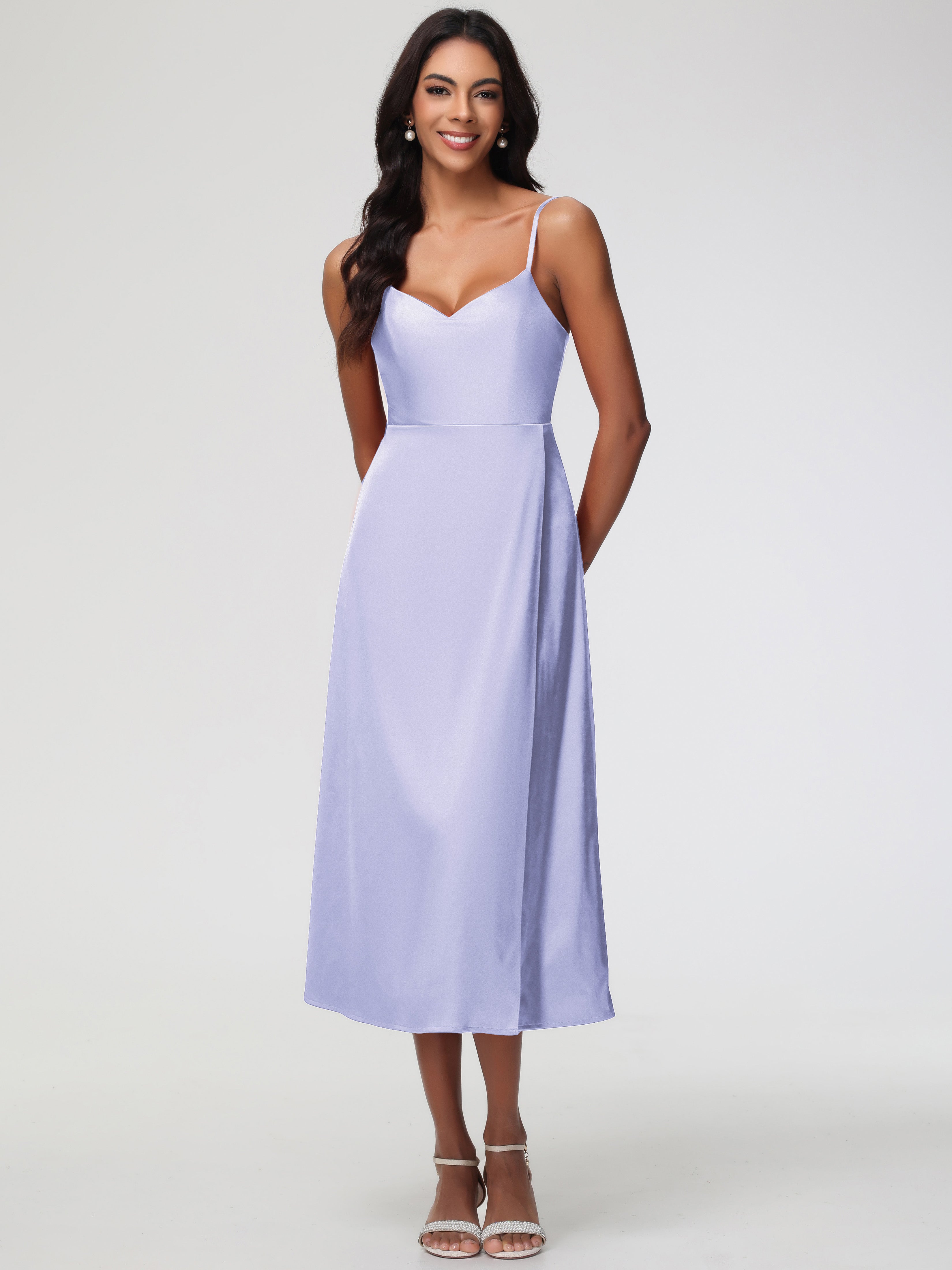 Bridesmaid Dresses Lavender Spaghetti Straps Tea Length Back Zip Stret Bridesmaid Dresses Lavender Spaghetti Straps Tea Length Back Zip Stret