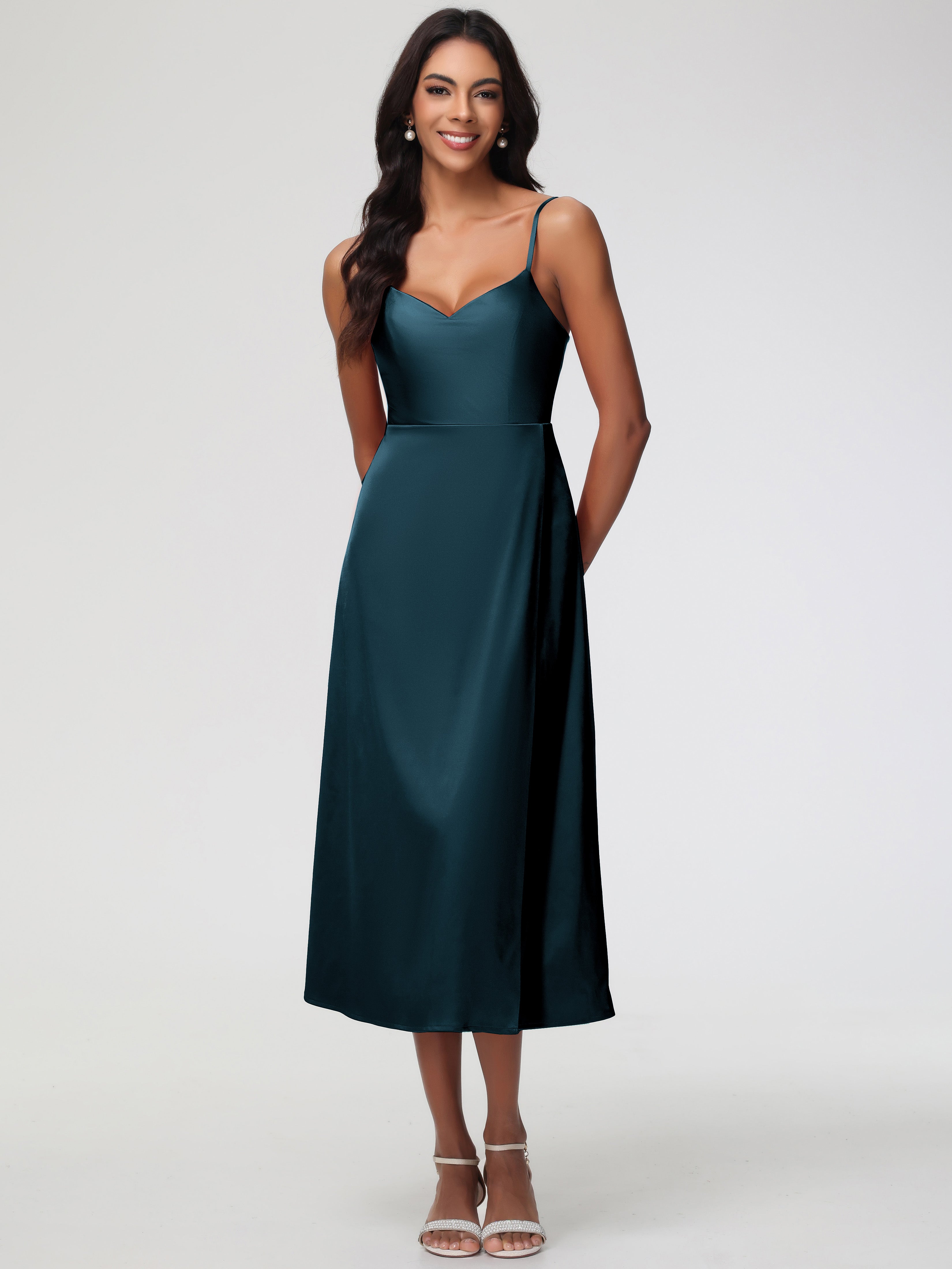 Formal Dresses Peacock Spaghetti Straps Tea Length Back Zip Stretch Satin Formal Dress Formal Dresses Peacock Spaghetti Straps Tea Length Back Zip Stretch Satin Formal Dress