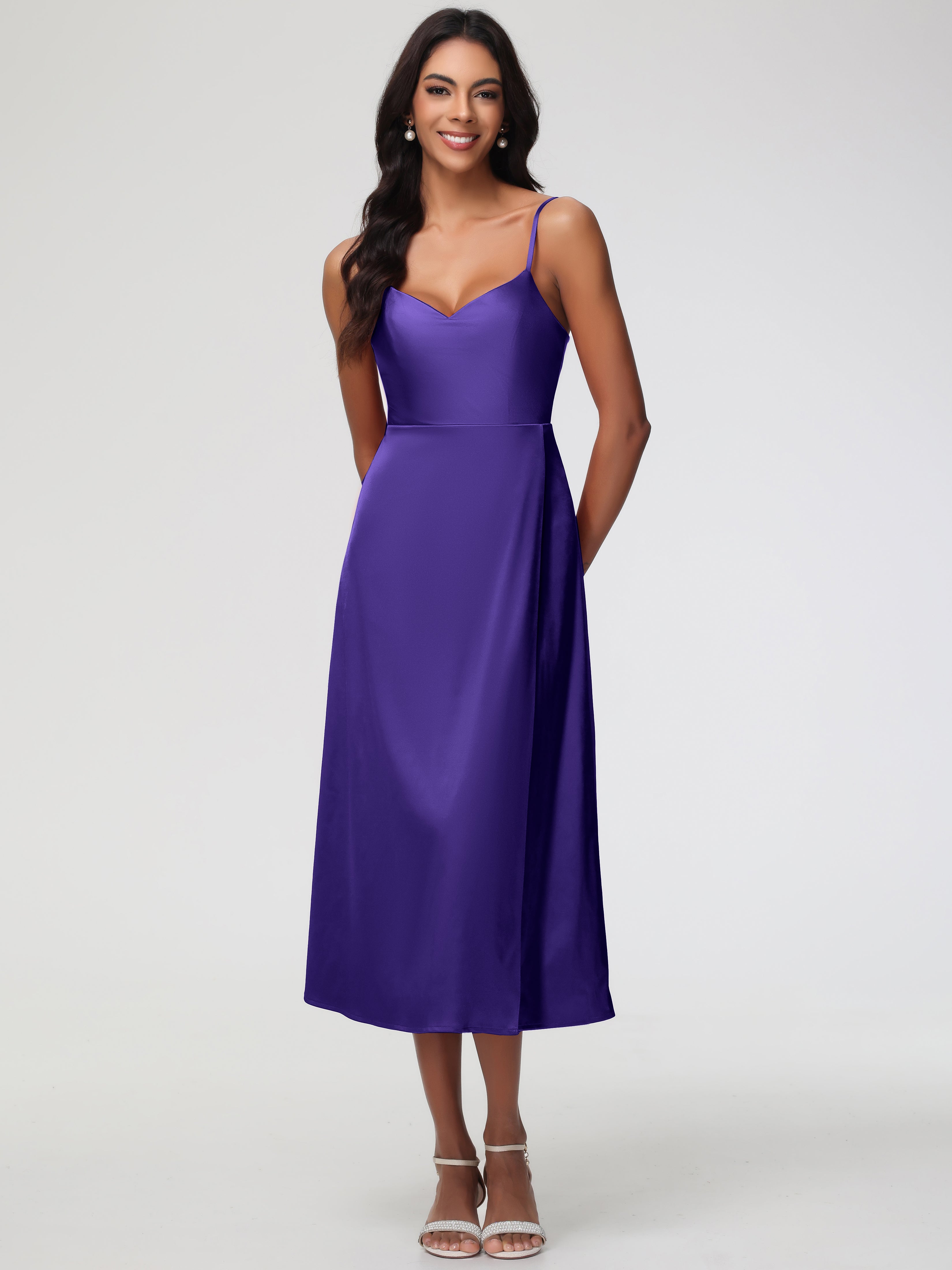 Regency Purple Prom Dresses Spaghetti Straps Tea Length Back Zip Stret Regency Purple Prom Dresses Spaghetti Straps Tea Length Back Zip Stret