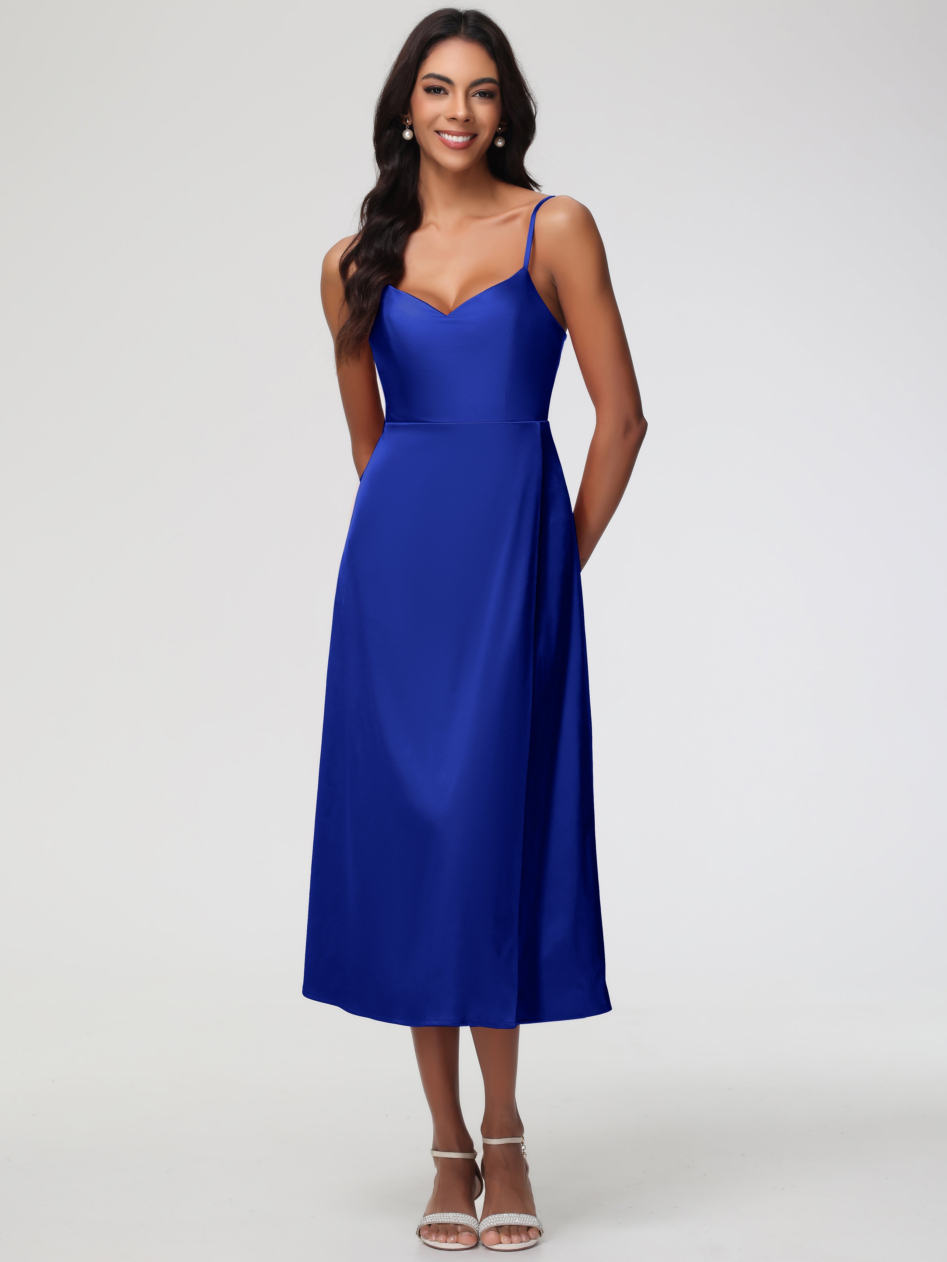 Spaghetti Straps Tea Length Back Zip Stretch Satin Bridesmaid Dress, Royal_Blue Spaghetti Straps Tea Length Back Zip Stretch Satin Bridesmaid Dress, Royal_Blue