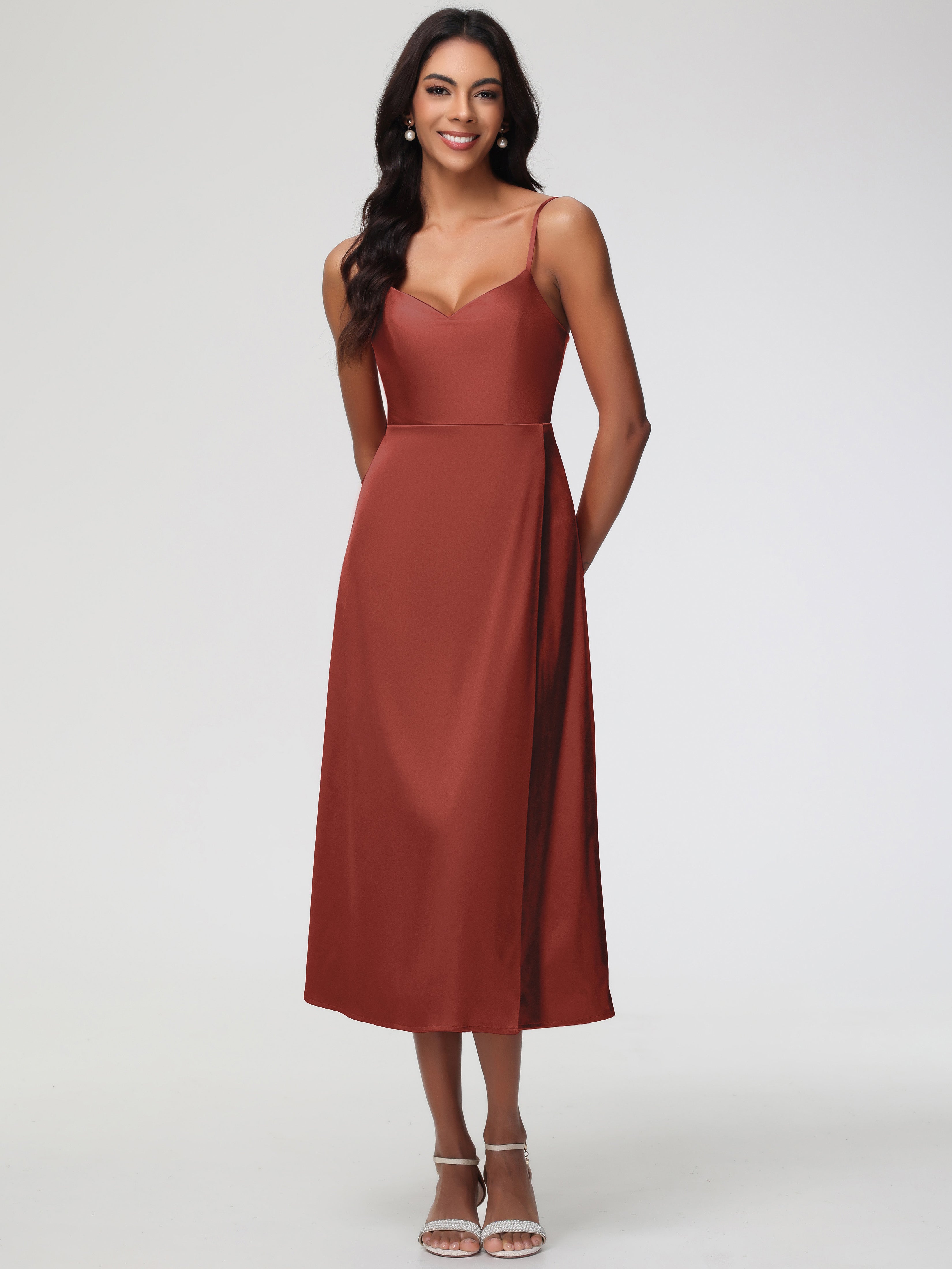 Formal Dresses In Rust Color Spaghetti Straps Tea Length Back Zip Stretch Satin Formal Dress