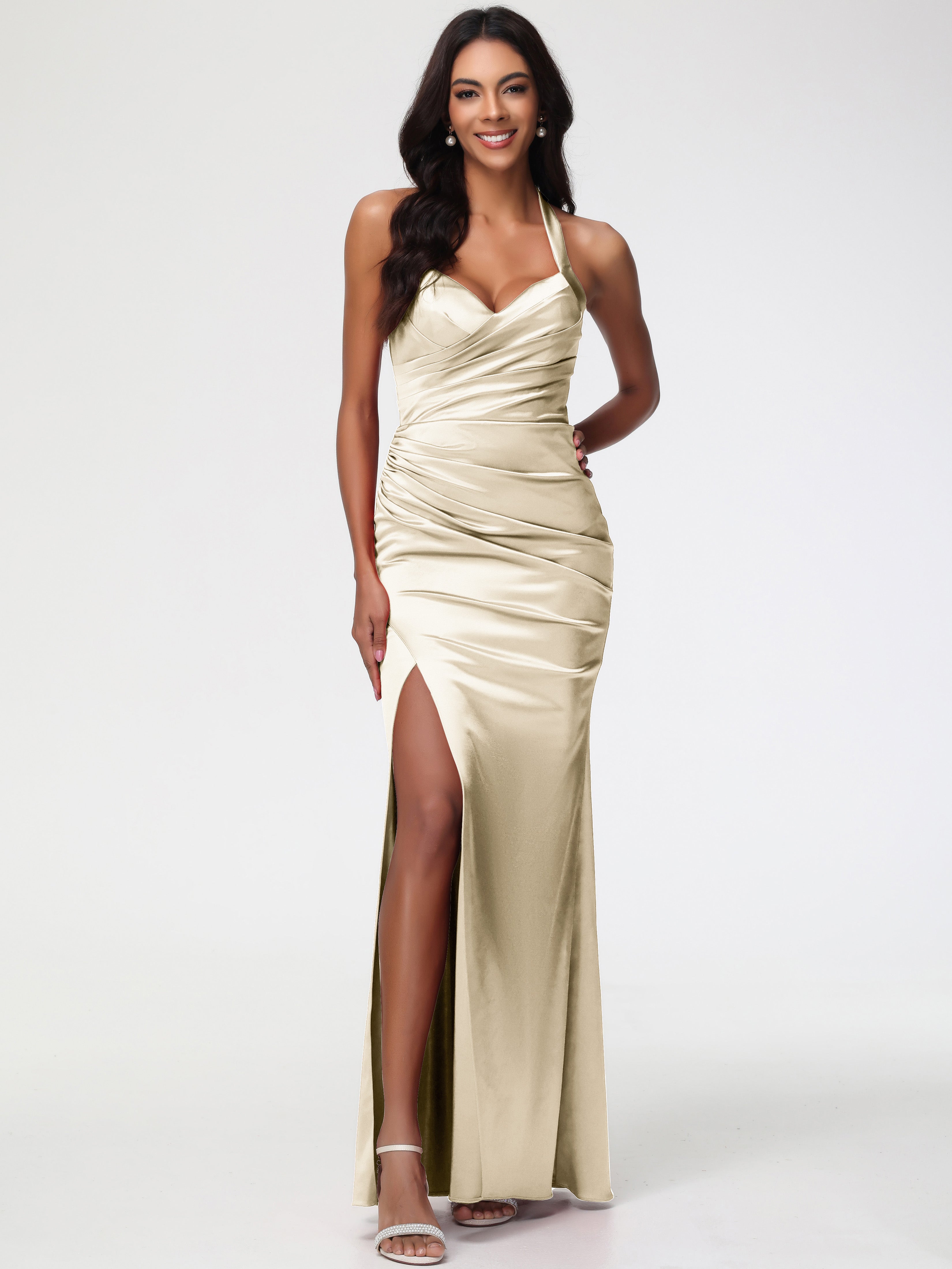 Gold Champagne Bridesmaid Dresses Halter V-neck Mermaid Ruched Floor Length Stretch Satin Bridesmaid Dress Gold Champagne Bridesmaid Dresses Halter V-neck Mermaid Ruched Floor Length Stretch Satin Bridesmaid Dress