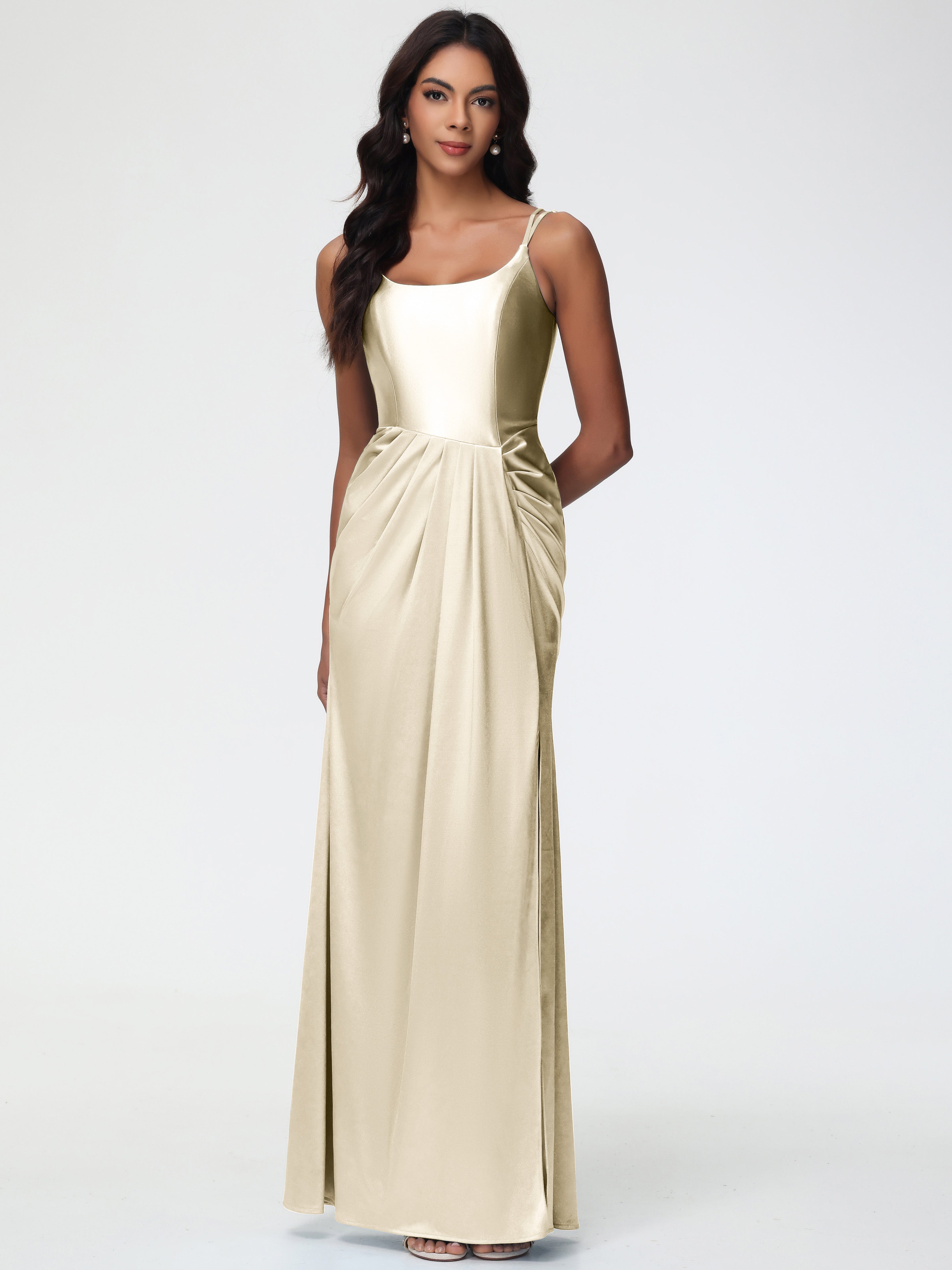 Champagne Dresses Bridesmaid Chic Stretch Satin Sheath/Column Spaghetti Straps Bridesmaid Dress With Slit