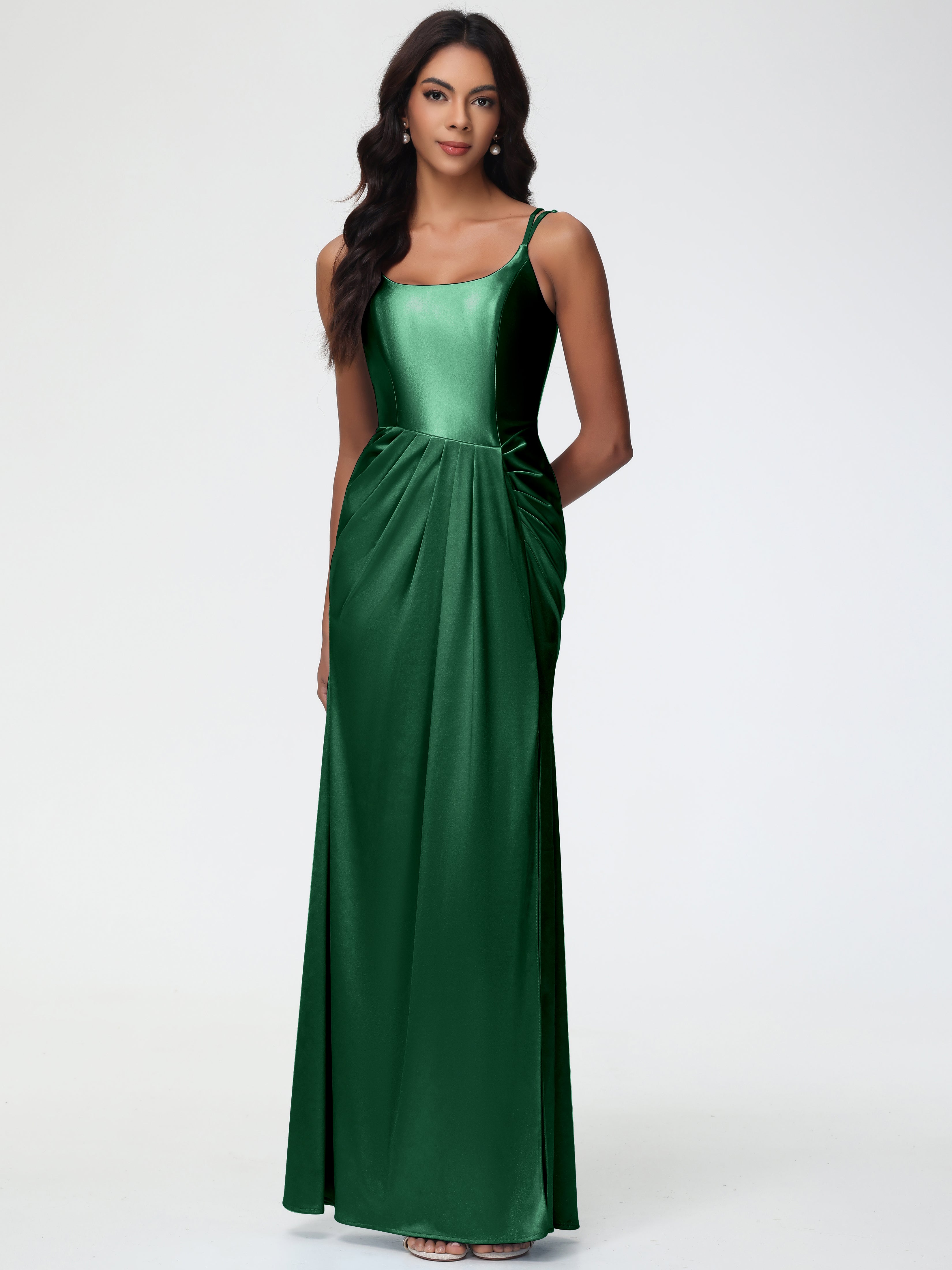 Women'S Dark Green Bridesmaid Dresses Chic Stretch Satin Sheath/Column Spaghetti Straps Bridesmaid Dress With Slit Women'S Dark Green Bridesmaid Dresses Chic Stretch Satin Sheath/Column Spaghetti Straps Bridesmaid Dress With Slit