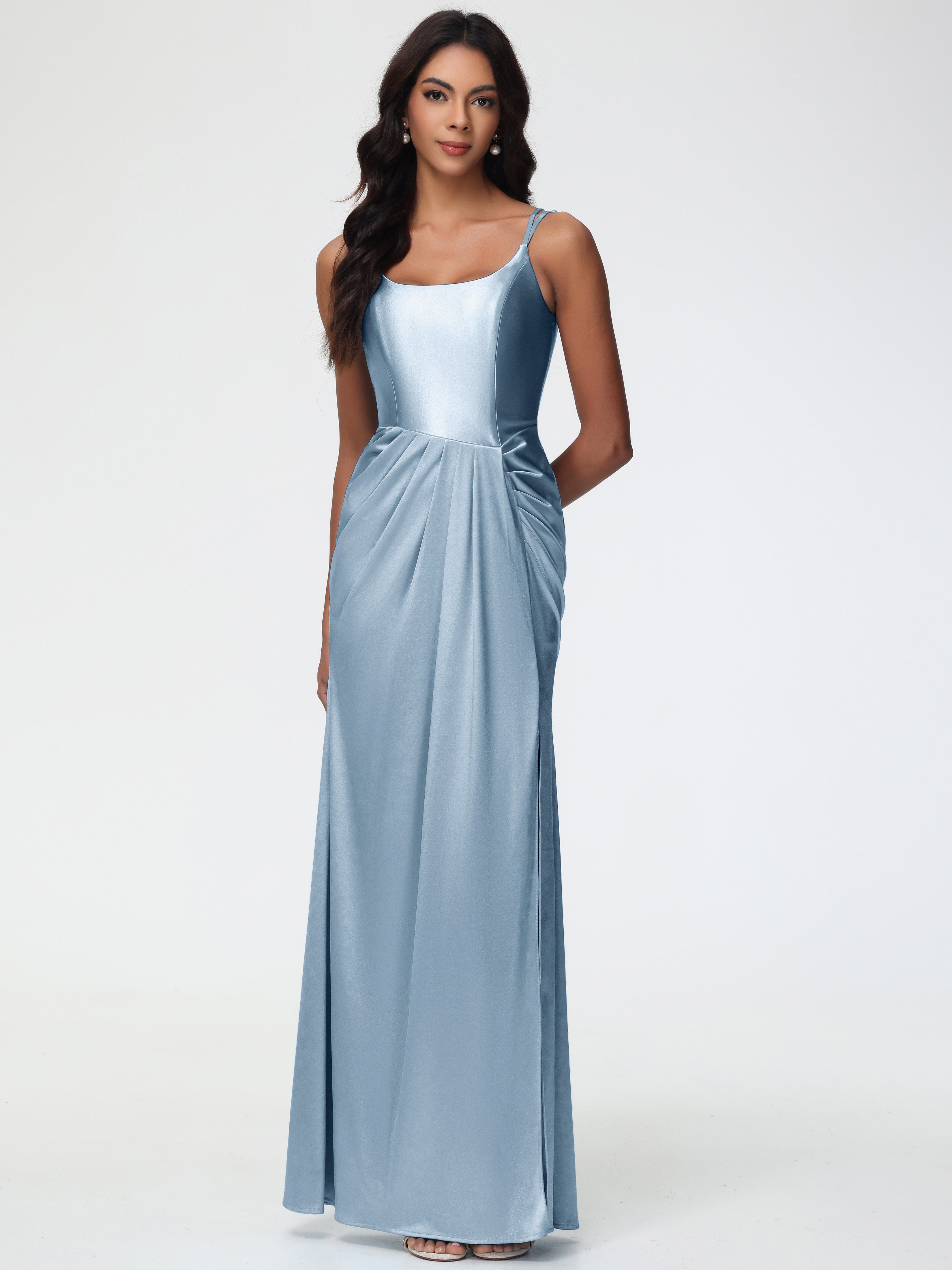 Satin Dusty Blue Bridesmaid Dresses Chic Stretch Satin Sheath/Column S Satin Dusty Blue Bridesmaid Dresses Chic Stretch Satin Sheath/Column S