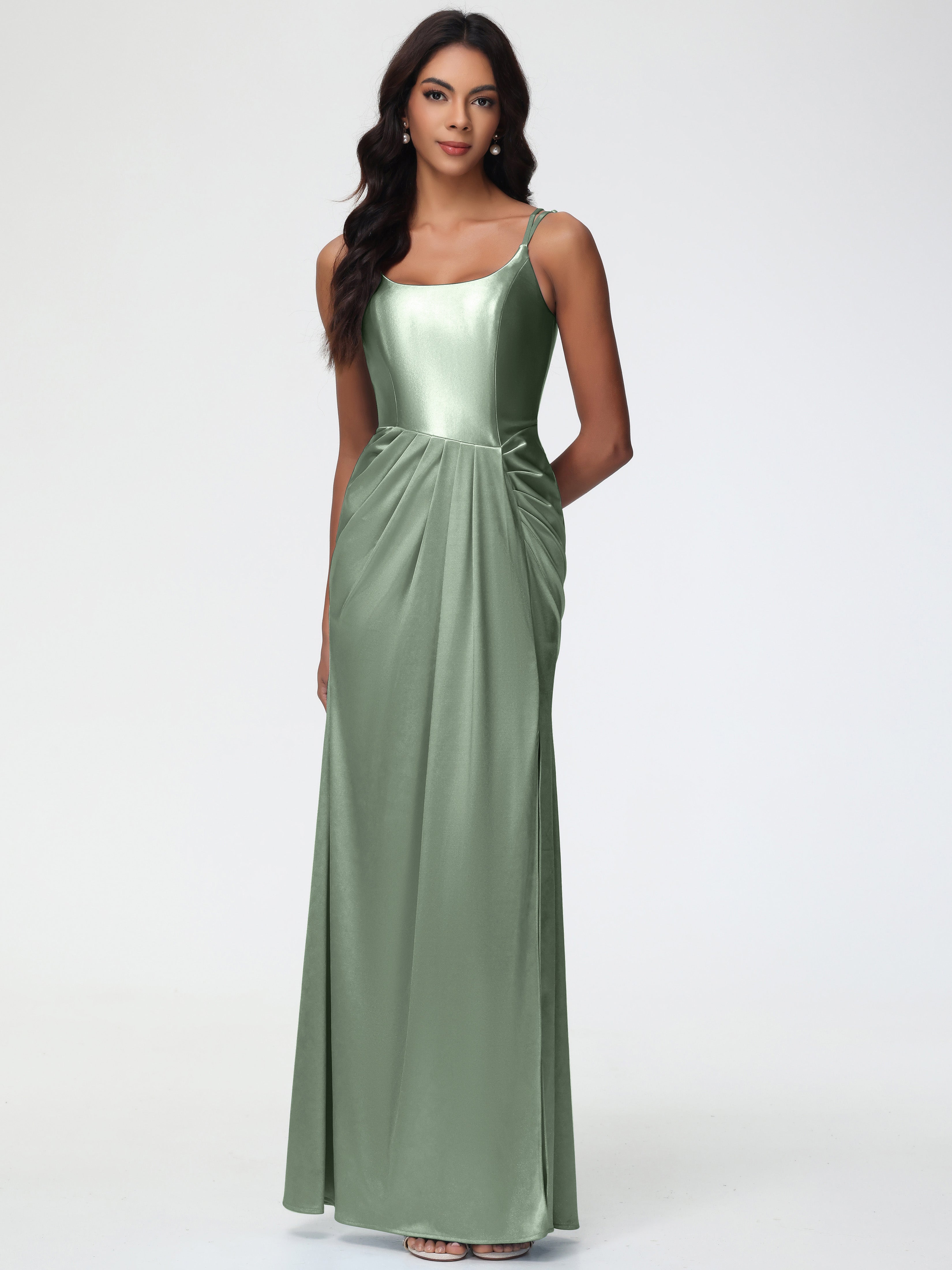 Dusty Sage Bridesmaid Dress Chic Stretch Satin Sheath/Column Spaghetti Straps Bridesmaid Dress With Slit