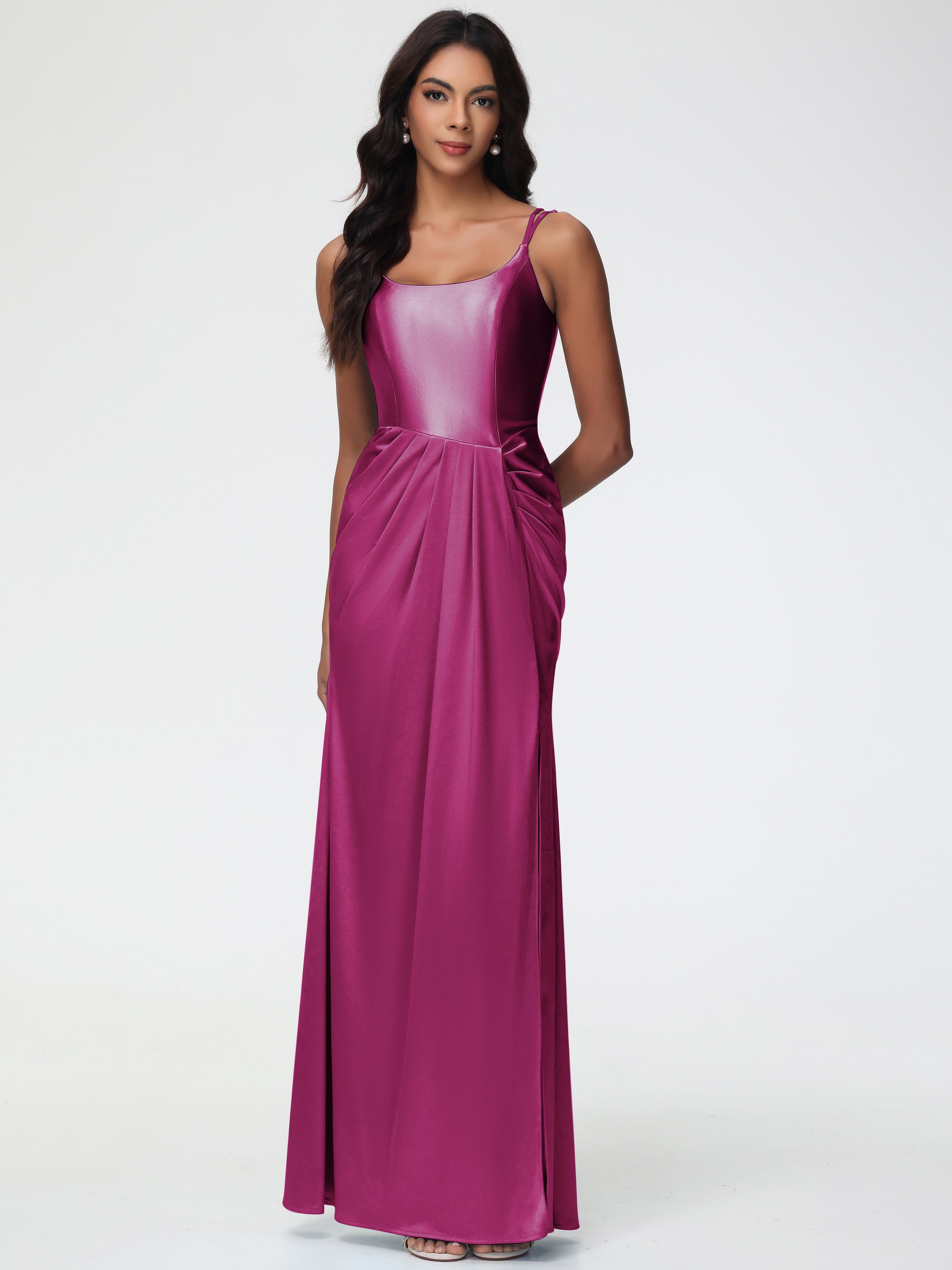 Fuchsia Bridesmaid Dresses Long Chic Stretch Satin Sheath/Column Spaghetti Straps Bridesmaid Dress With Slit Fuchsia Bridesmaid Dresses Long Chic Stretch Satin Sheath/Column Spaghetti Straps Bridesmaid Dress With Slit