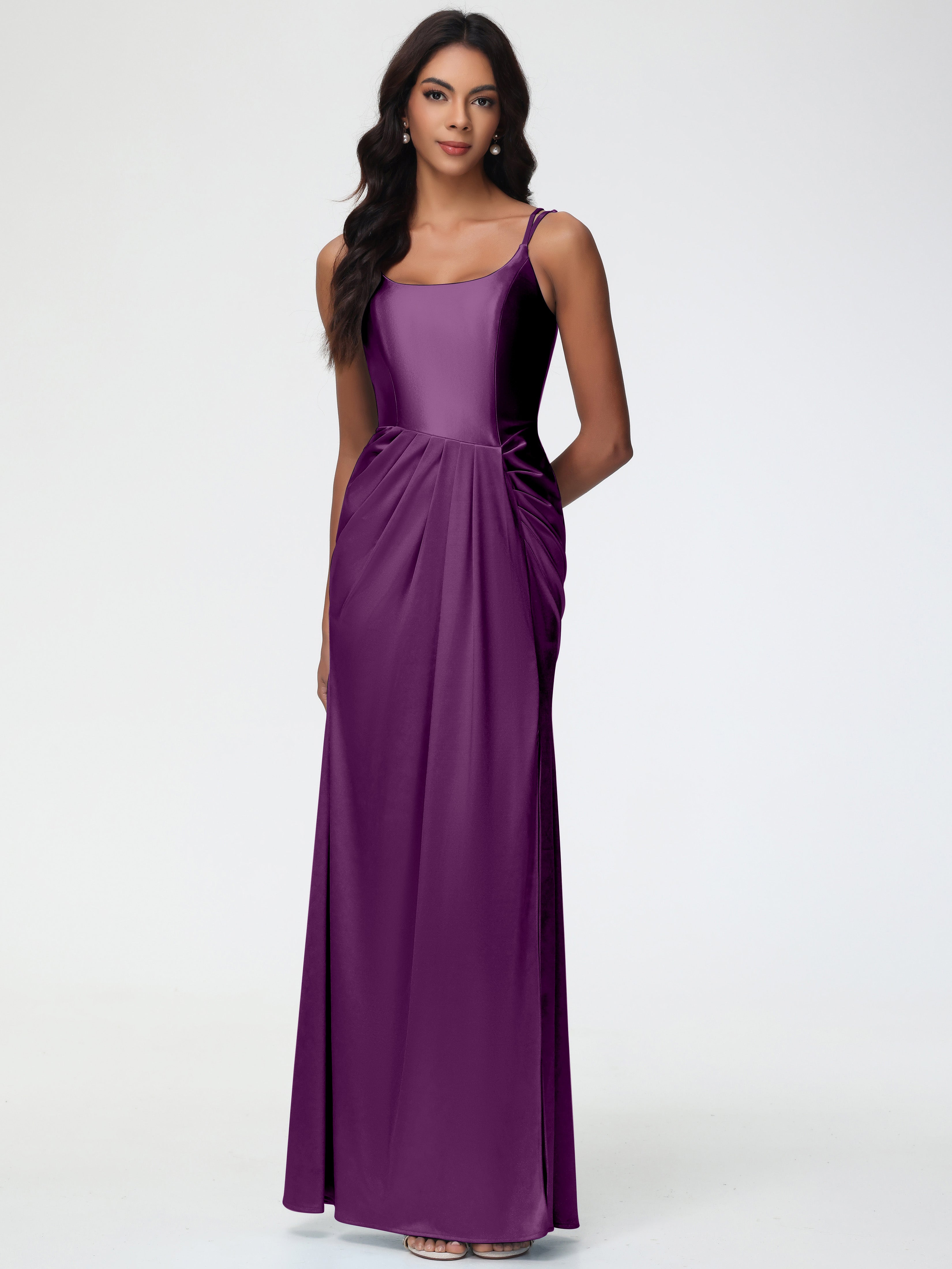 Grape Color Prom Dresses Chic Stretch Satin Sheath/Column Spaghetti St Grape Color Prom Dresses Chic Stretch Satin Sheath/Column Spaghetti St