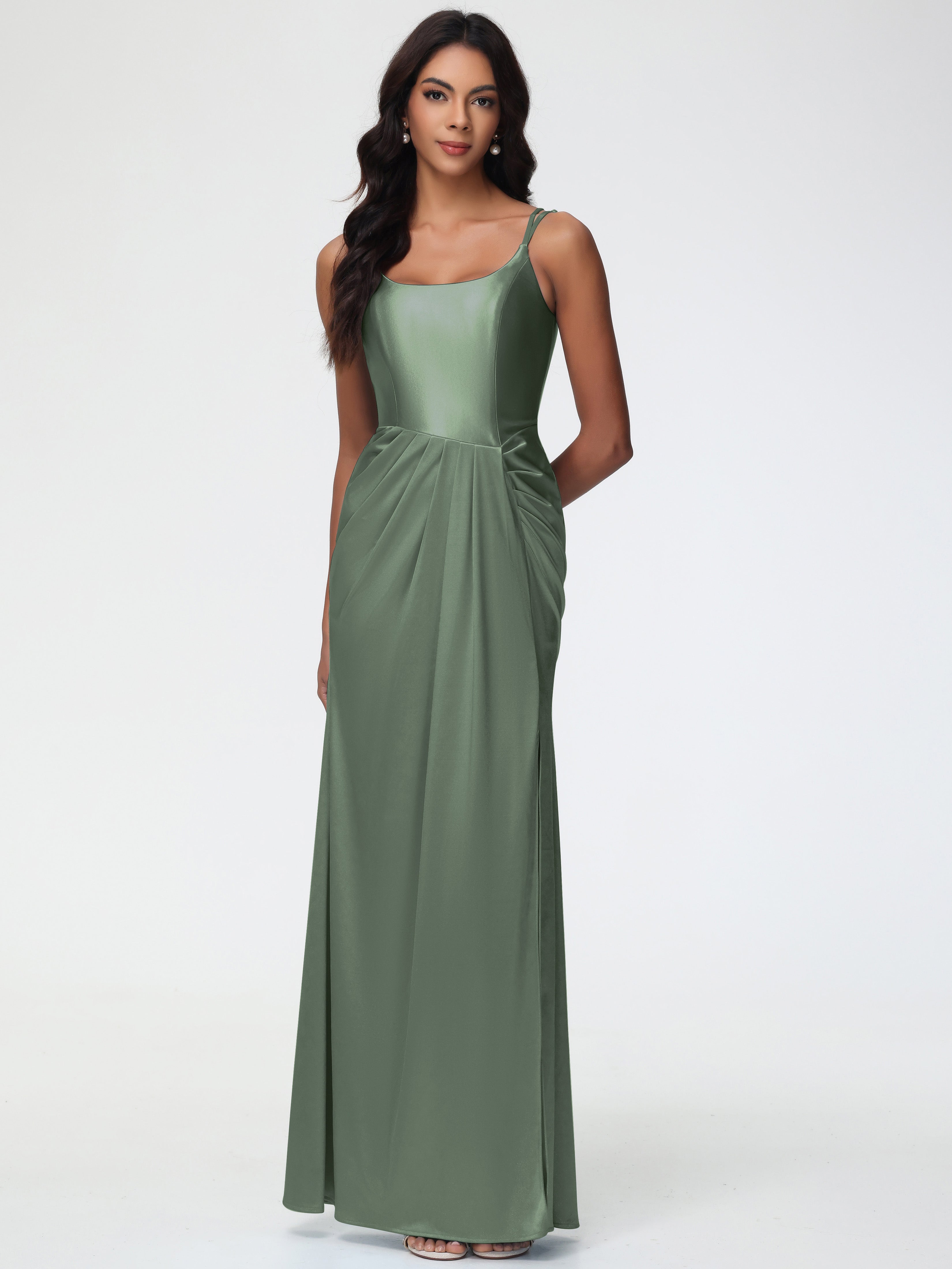 Olive Green Satin Formal Dresses Chic Stretch Satin Sheath/Column Spaghetti Straps Formal Dress With Slit Olive Green Satin Formal Dresses Chic Stretch Satin Sheath/Column Spaghetti Straps Formal Dress With Slit