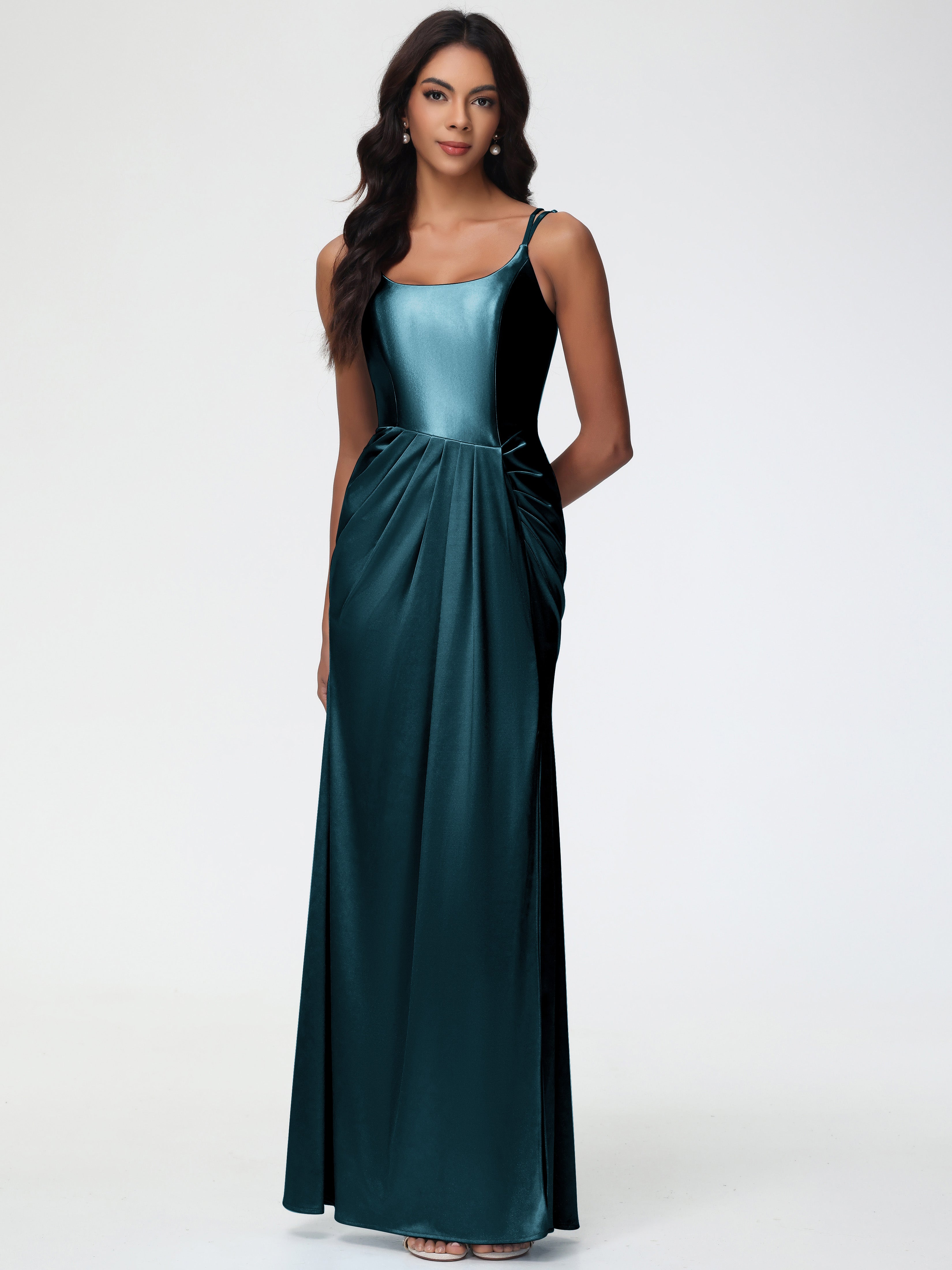 Bridesmaid Dress Peacock Blue Chic Stretch Satin Sheath/Column Spaghet Bridesmaid Dress Peacock Blue Chic Stretch Satin Sheath/Column Spaghet