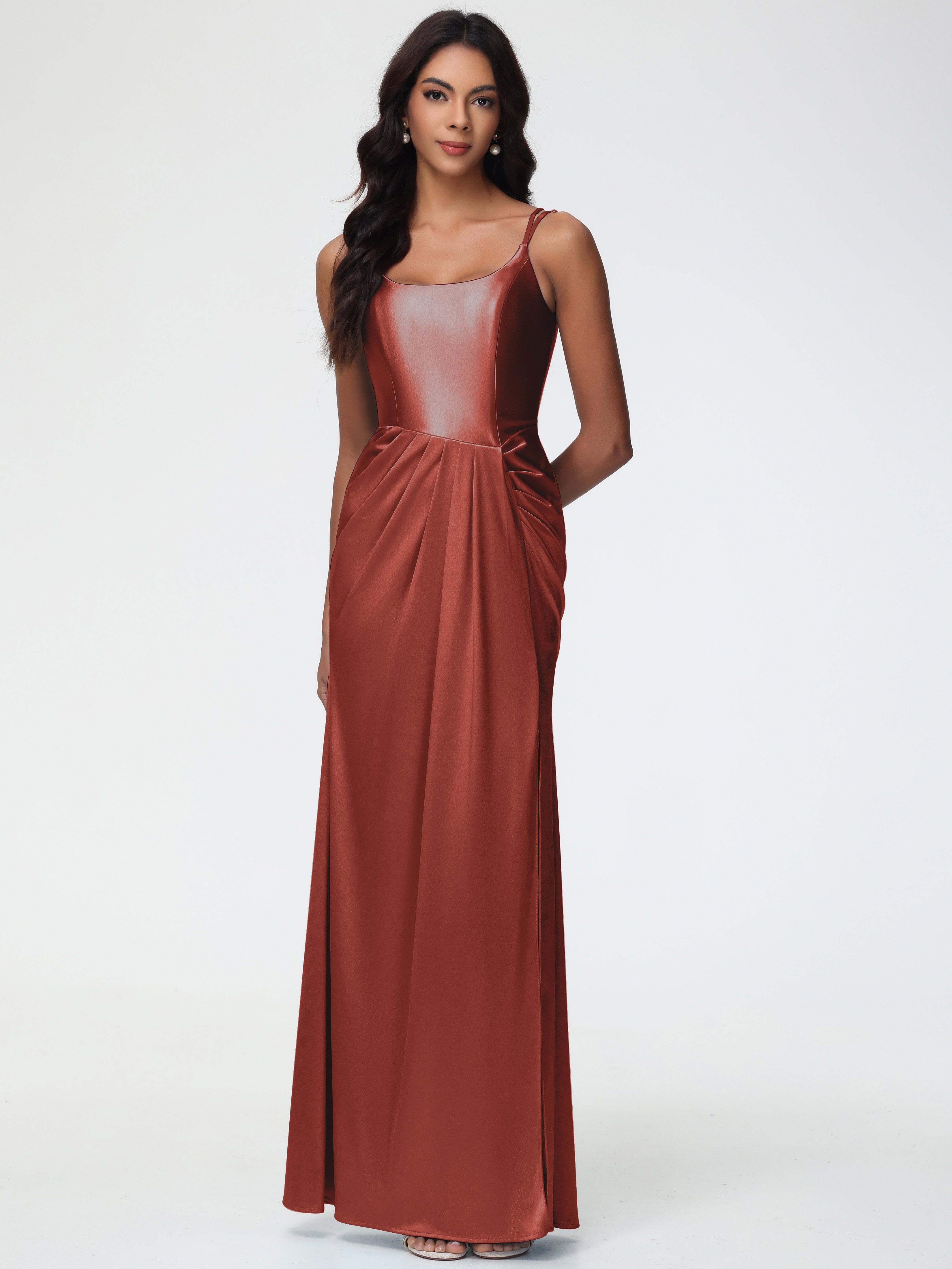 Rust Color Formal Dresses Chic Stretch Satin Sheath/Column Spaghetti Straps Formal Dress With Slit Rust Color Formal Dresses Chic Stretch Satin Sheath/Column Spaghetti Straps Formal Dress With Slit
