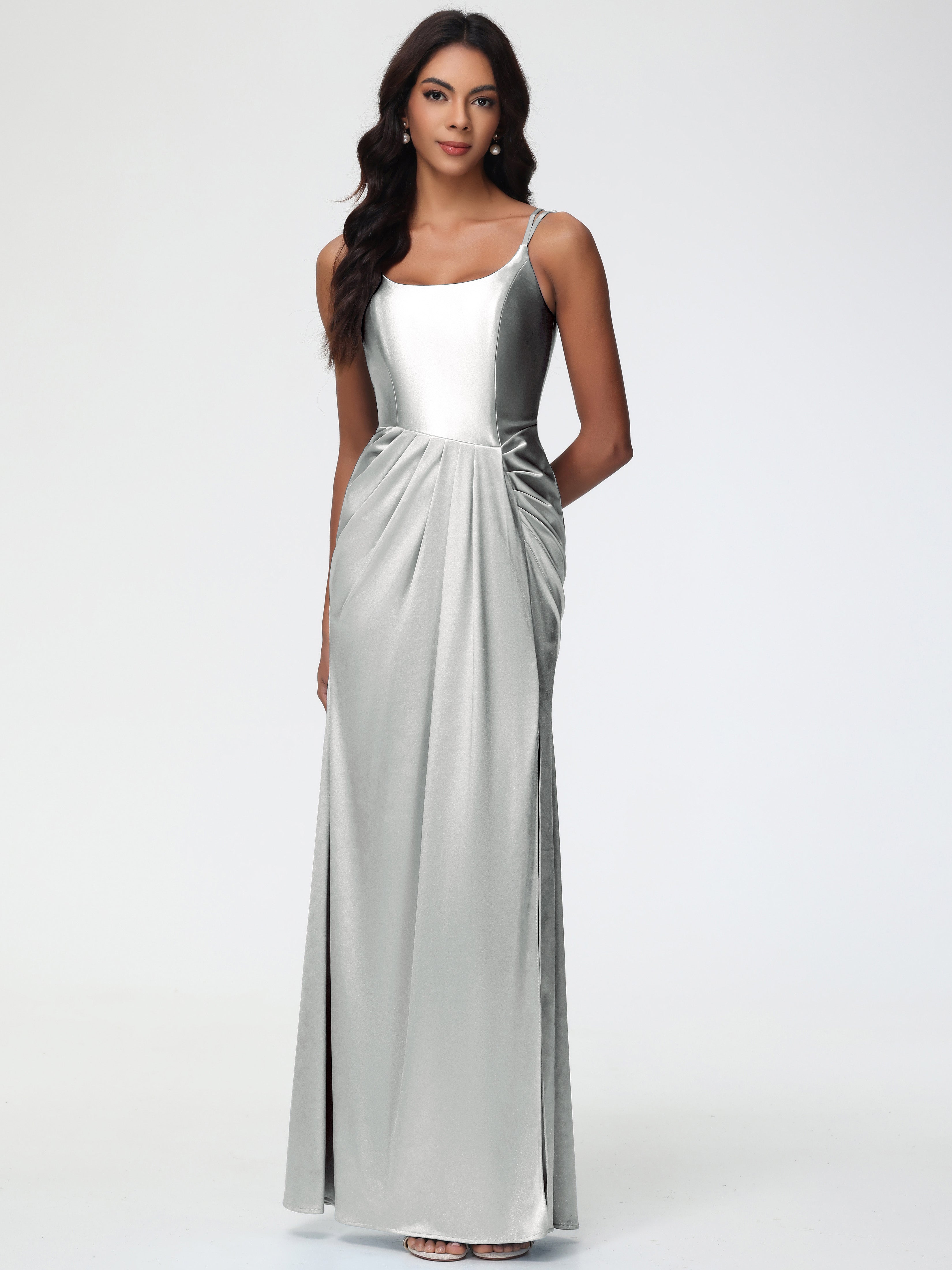 Grey Silver Formal Dresses Chic Stretch Satin Sheath/Column Spaghetti Grey Silver Formal Dresses Chic Stretch Satin Sheath/Column Spaghetti