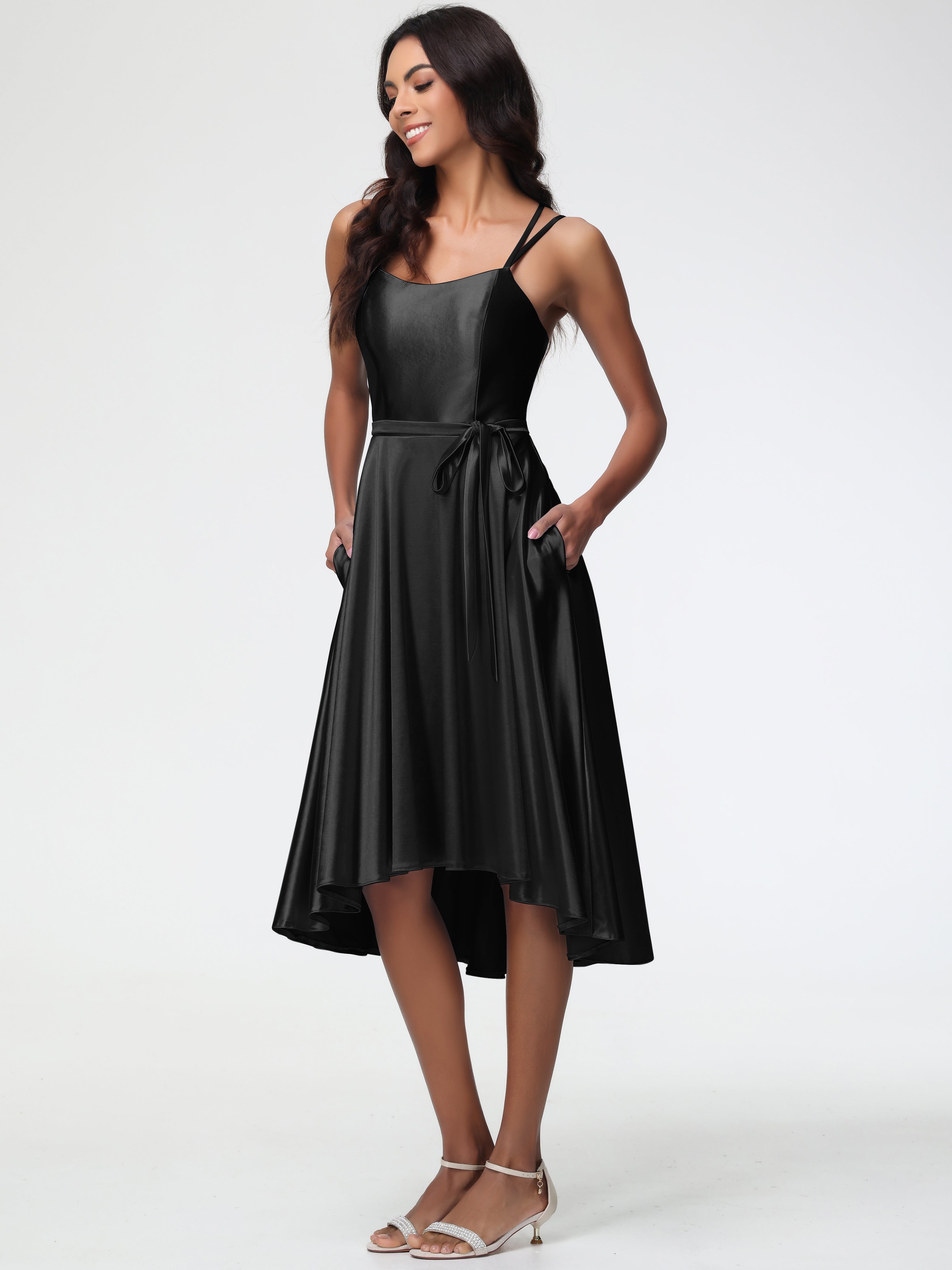 Formal Dress Black High Low A Line Knee Length Spaghetti Straps Stretch Satin Formal Dress Formal Dress Black High Low A Line Knee Length Spaghetti Straps Stretch Satin Formal Dress