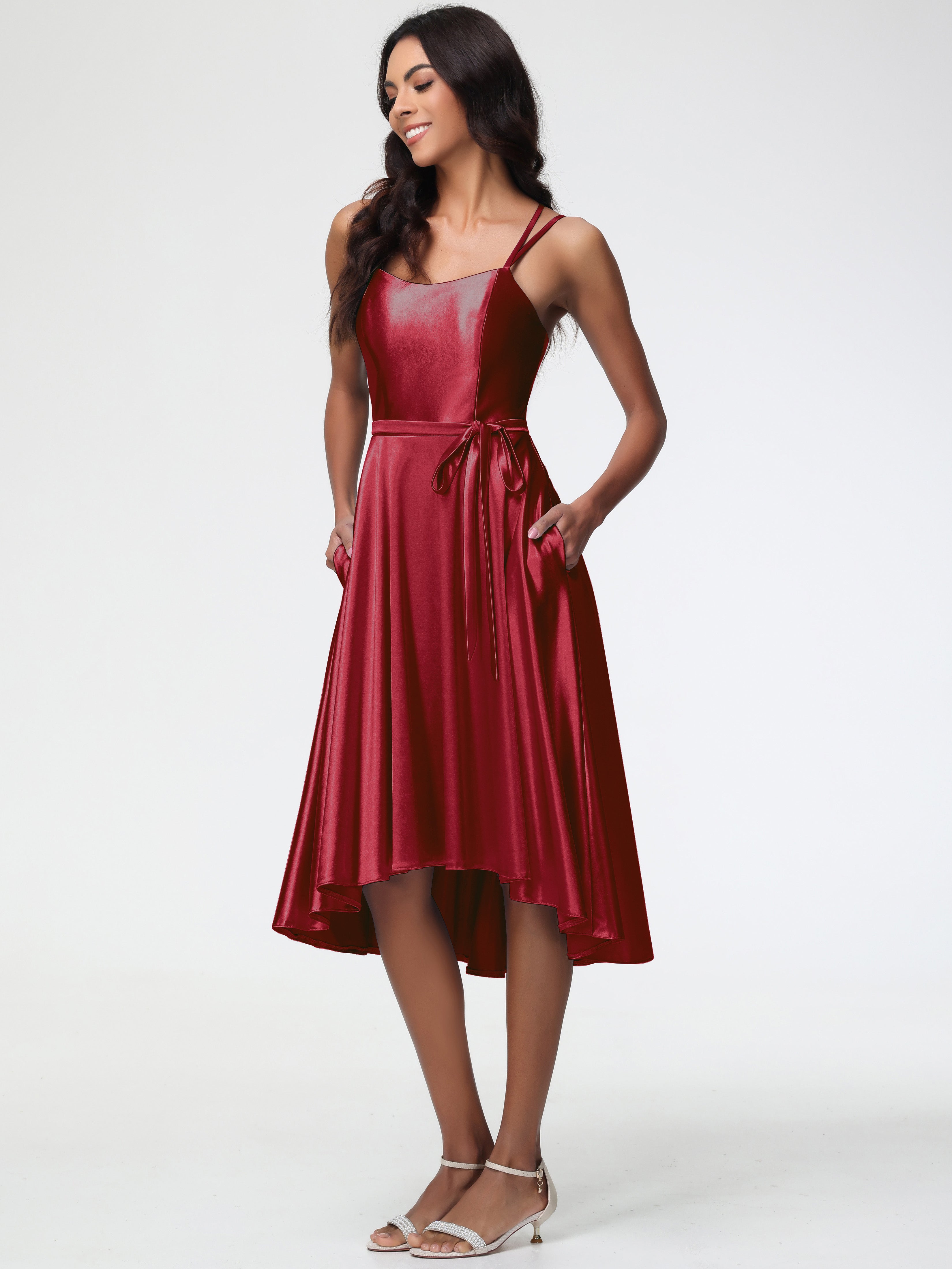 Burgundy Formal Dresses A Line High Low Spaghetti Straps Stretch Satin